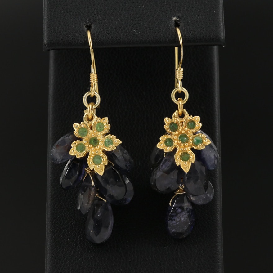 Sterling Iolite and Emerald Grape Motif Dangle Earrings