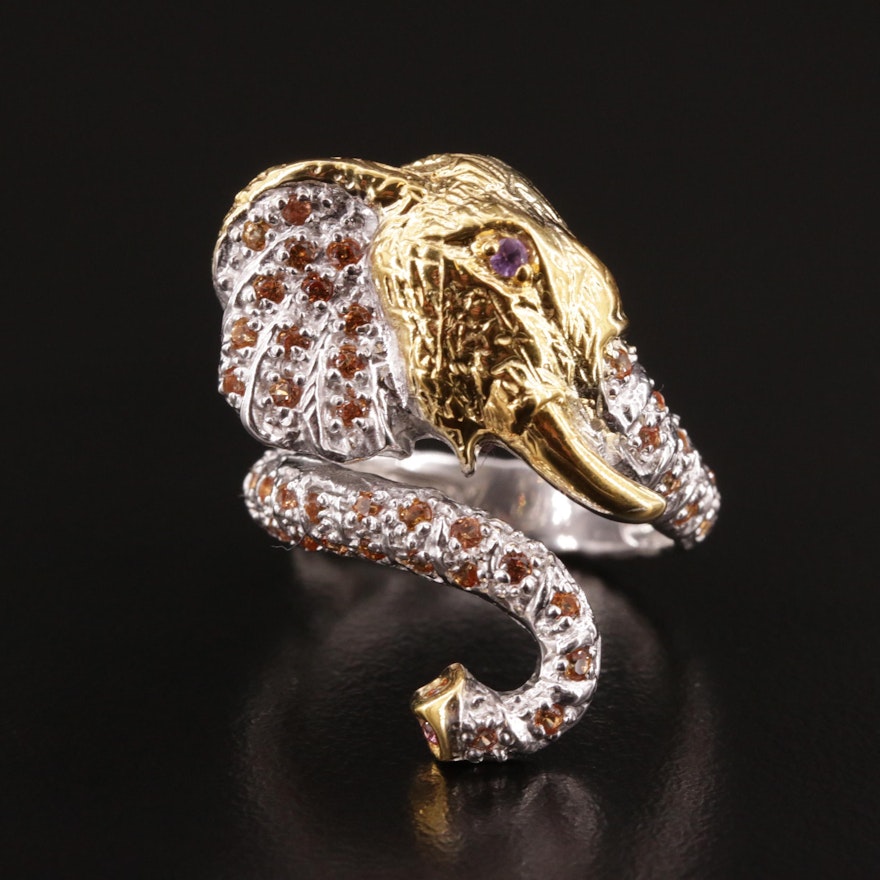 Sterling Silver, Yellow Sapphire and Amethyst Elephant Ring