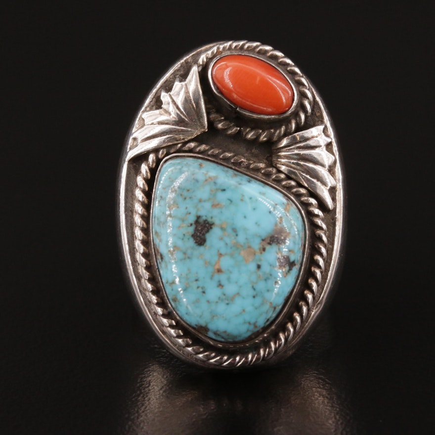 Western Style Sterling Silver Turquoise Nugget and Coral Ring