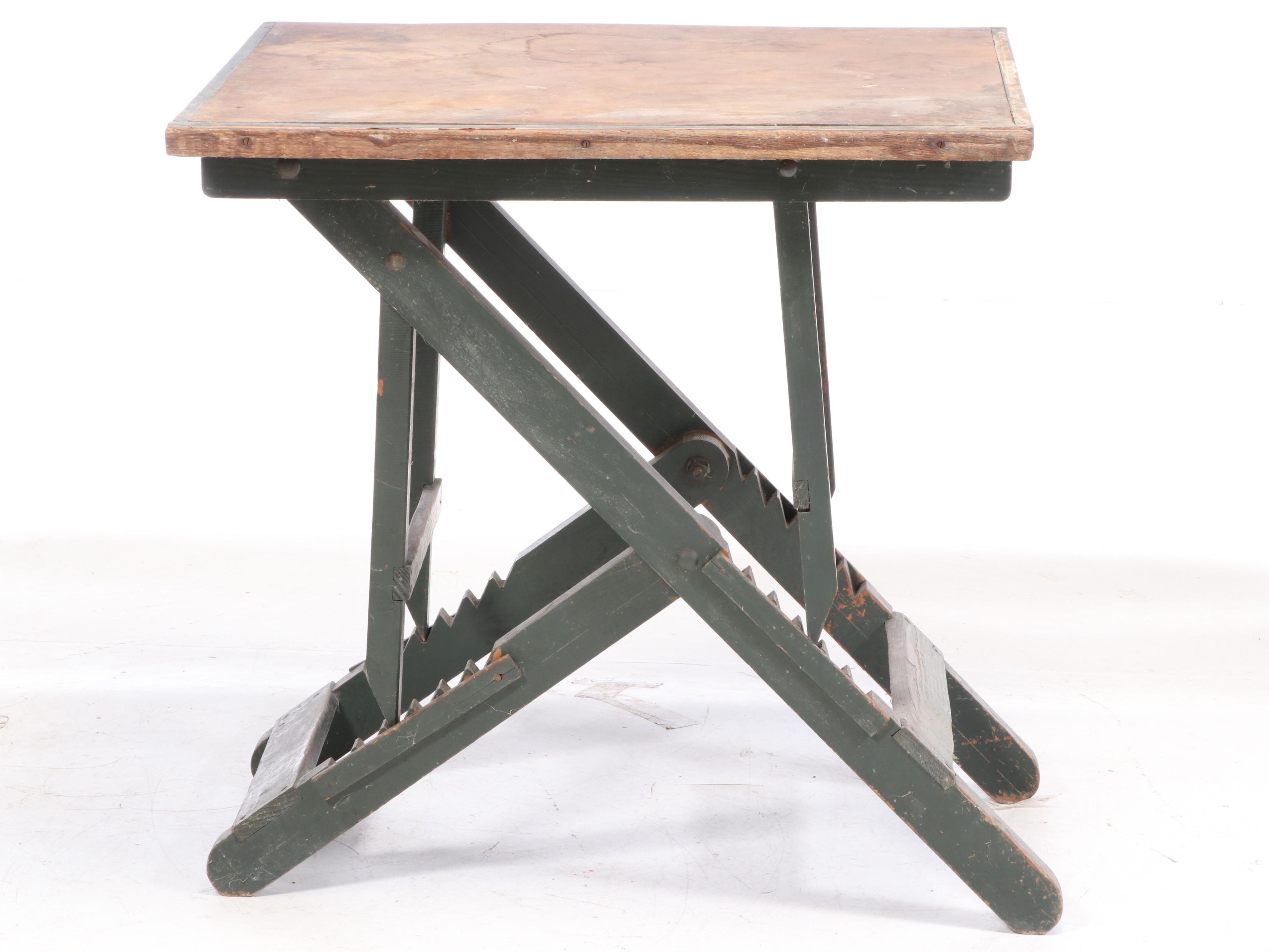 Industrial Green-Painted Folding and Adjustable Work Table with Fiberboard Top