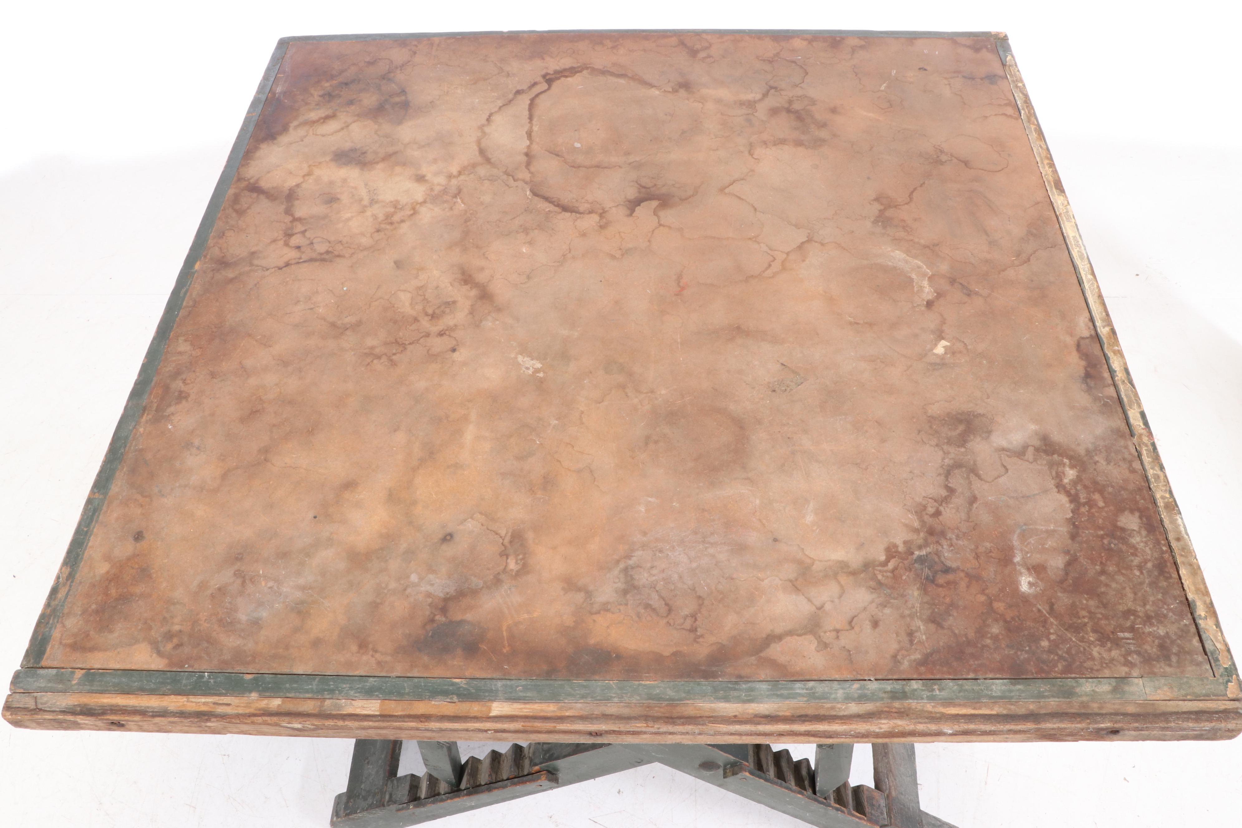 Industrial Green-Painted Folding and Adjustable Work Table with Fiberboard Top