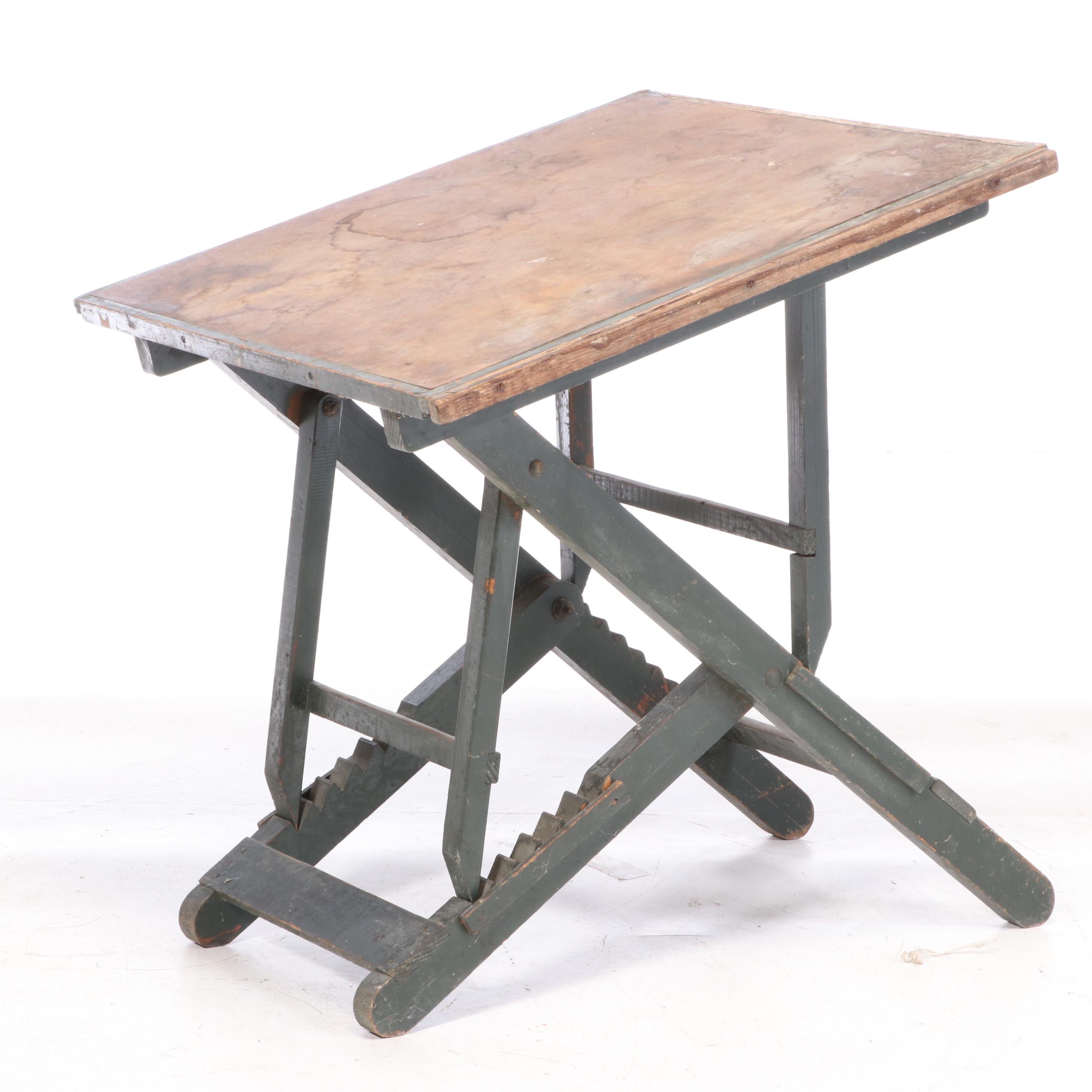 Industrial Green-Painted Folding and Adjustable Work Table with Fiberboard Top
