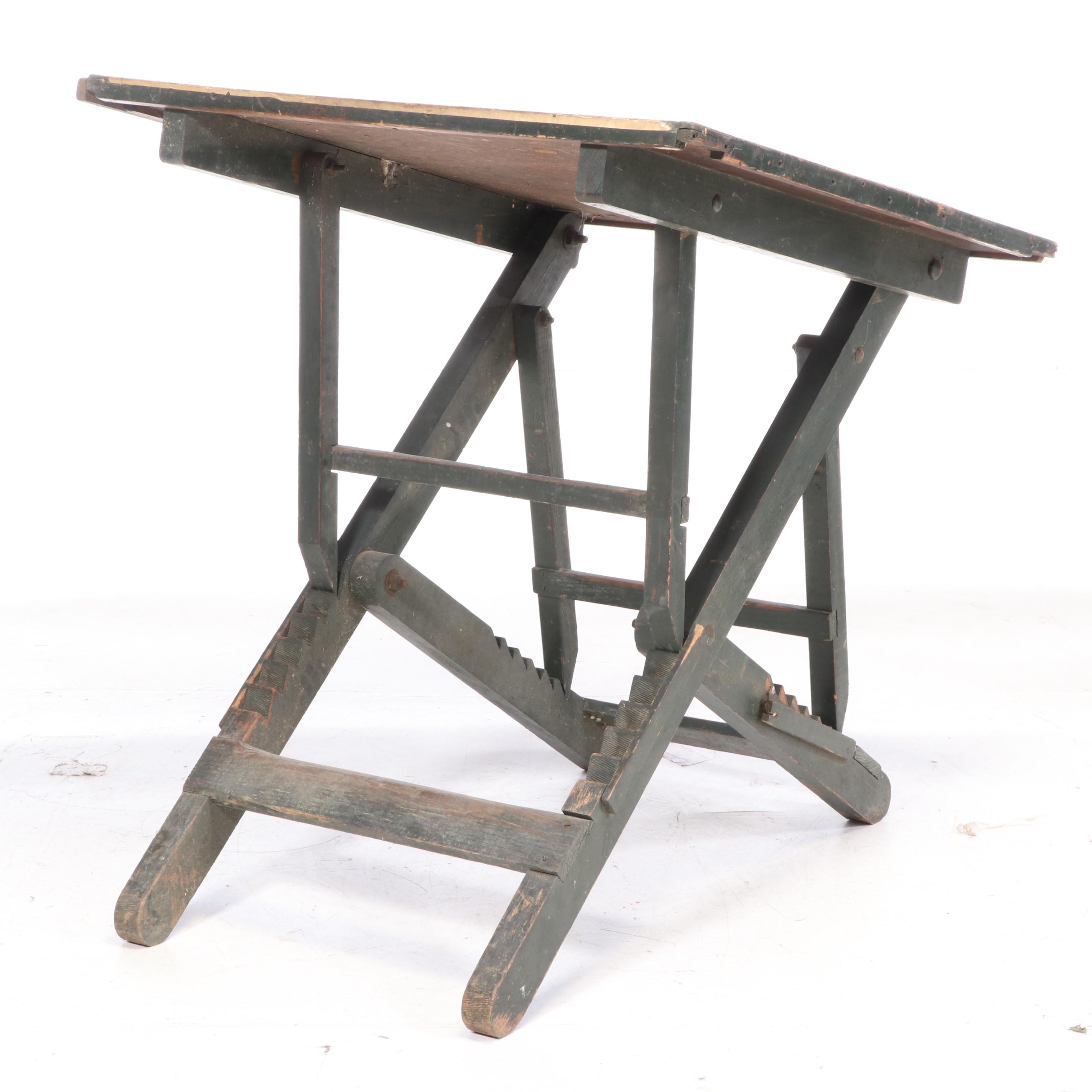 Industrial Green-Painted Folding and Adjustable Work Table with Fiberboard Top