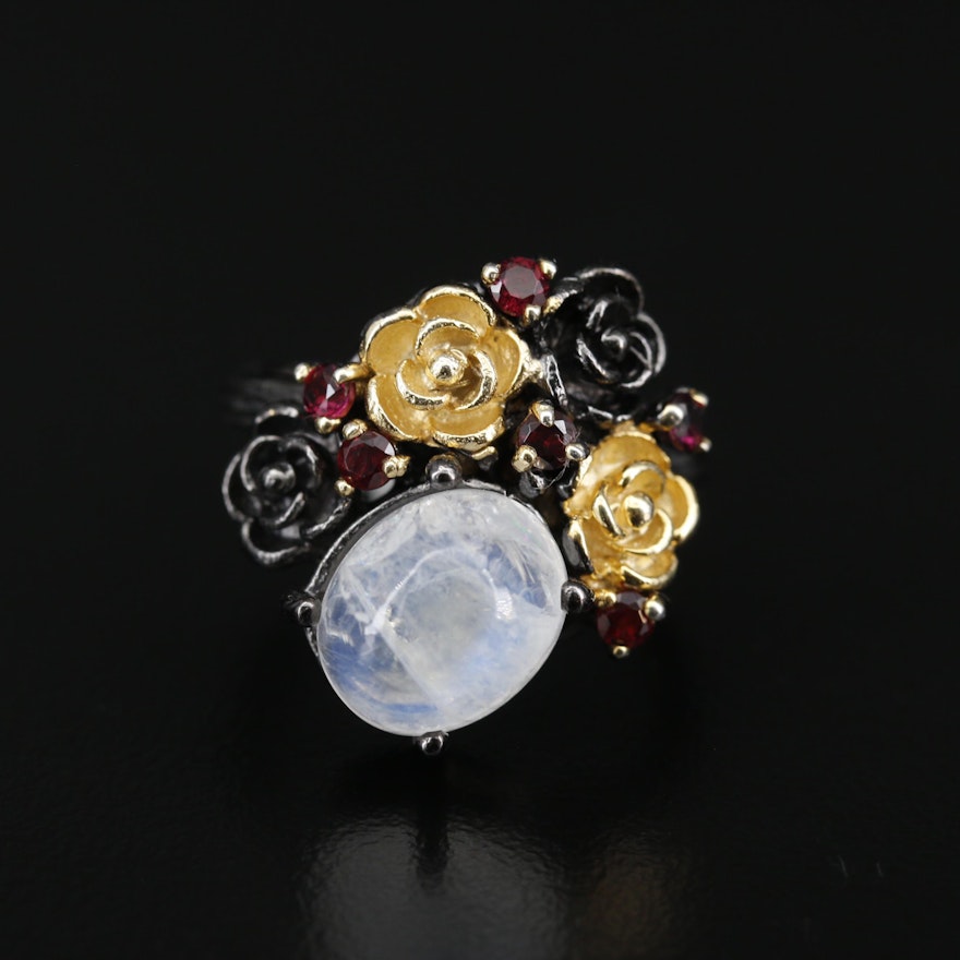 Sterling Silver Moonstone and Garnet Floral Motif Ring