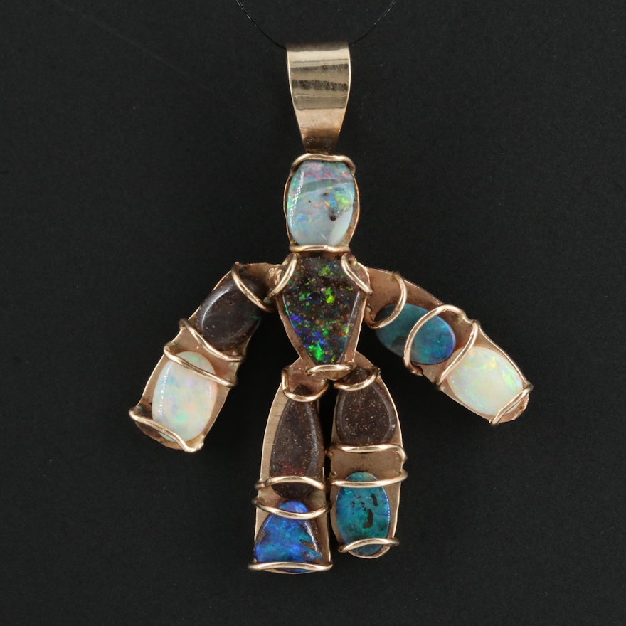 14K Opal and Boulder Opal Articulated Figure Pendant