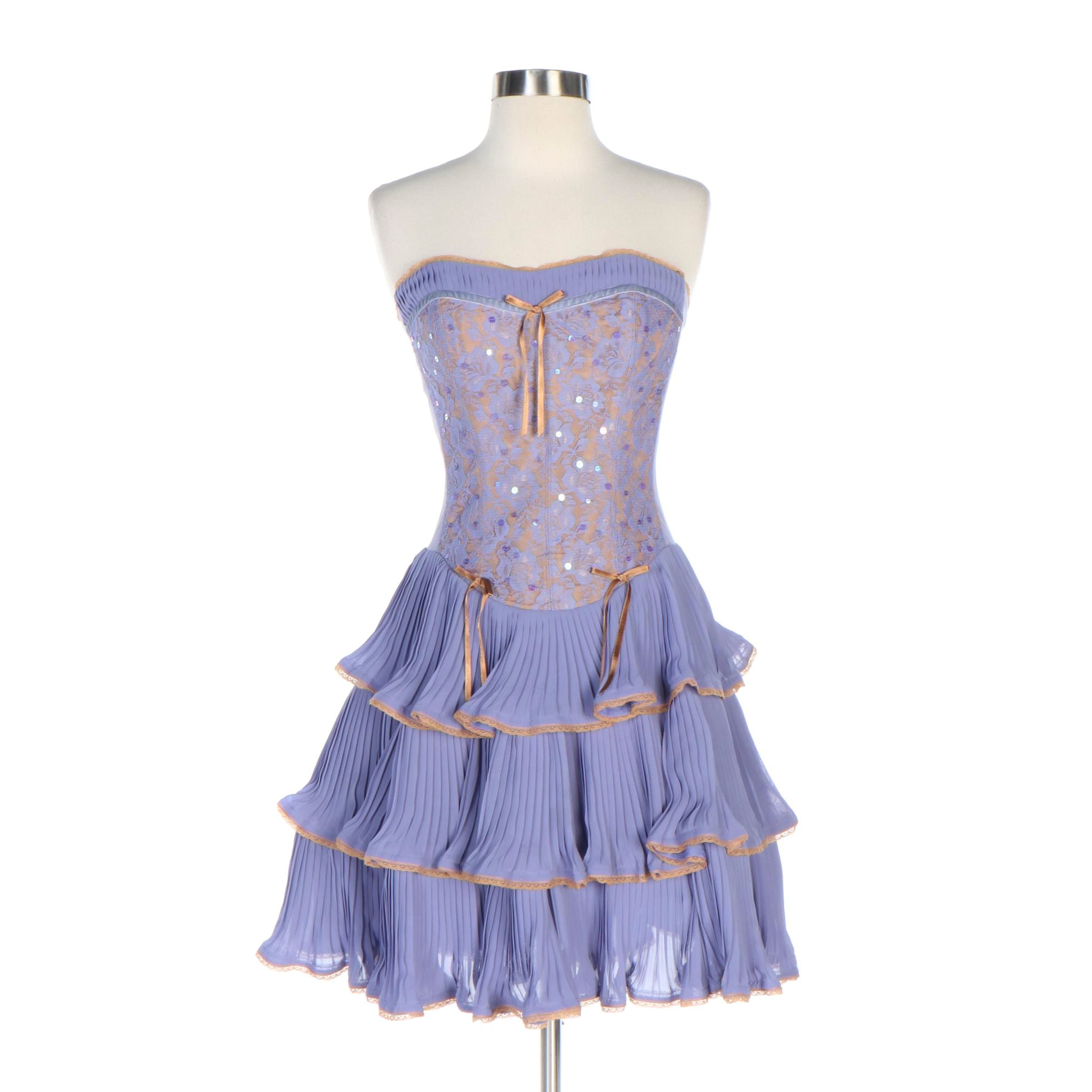 Betsey Johnson Evening Bustier Dress in Lilac with Lace-Trimmed Tiered Skirt