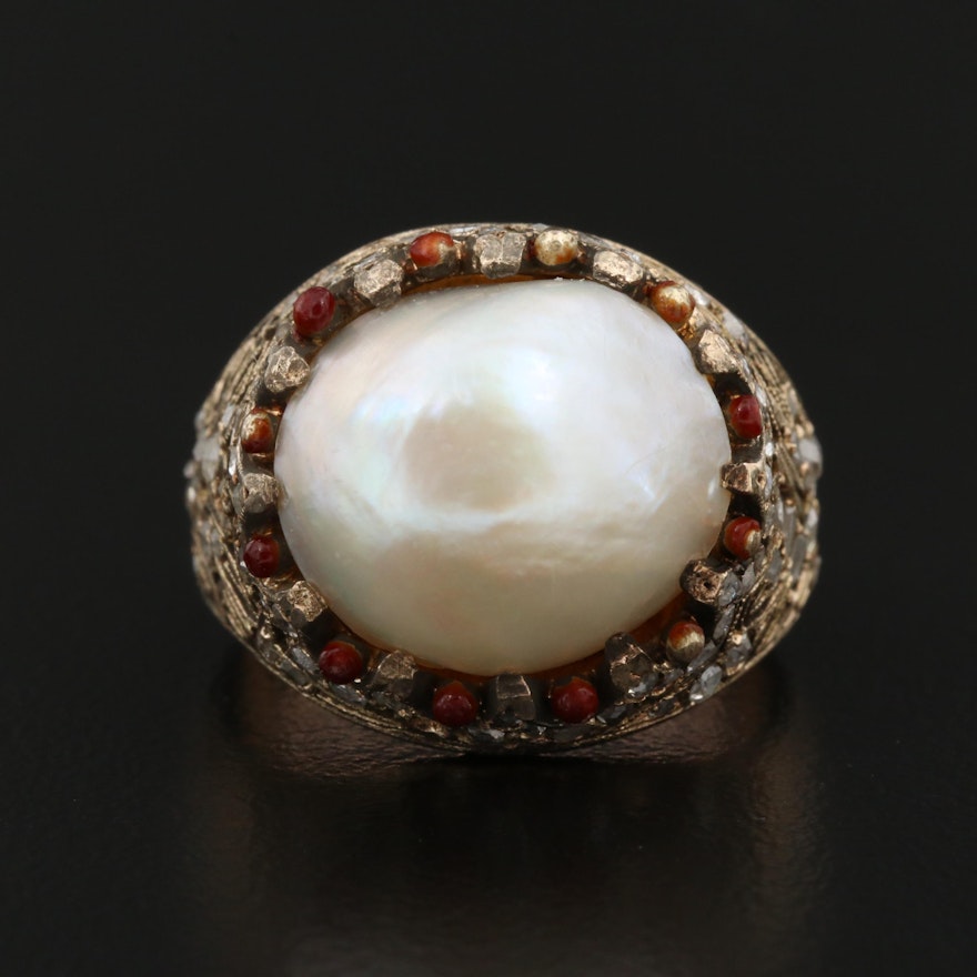 Vintage 18K Pearl, Diamond and Enamel Ring