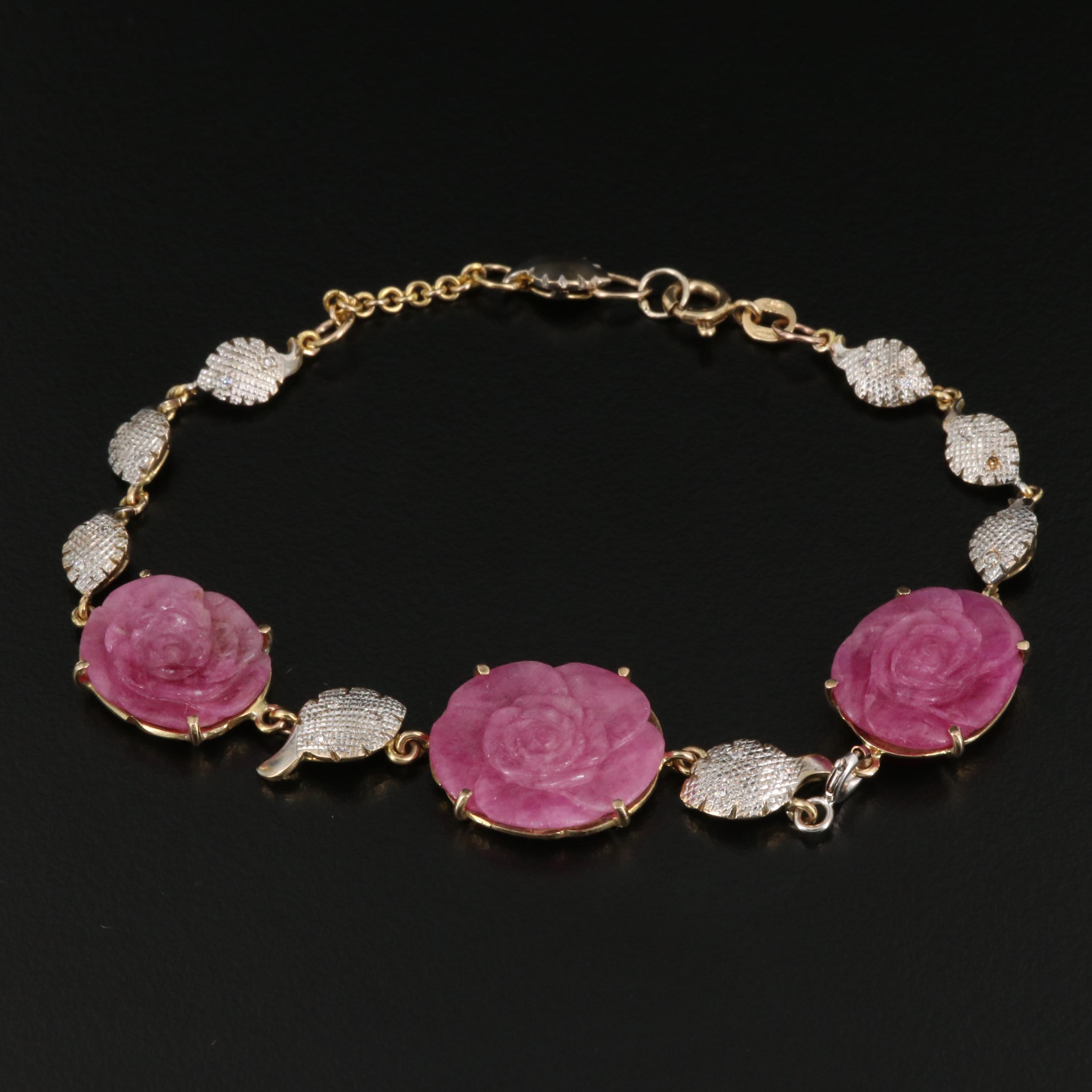10K Carved Ruby and Diamond Floral Bracelet