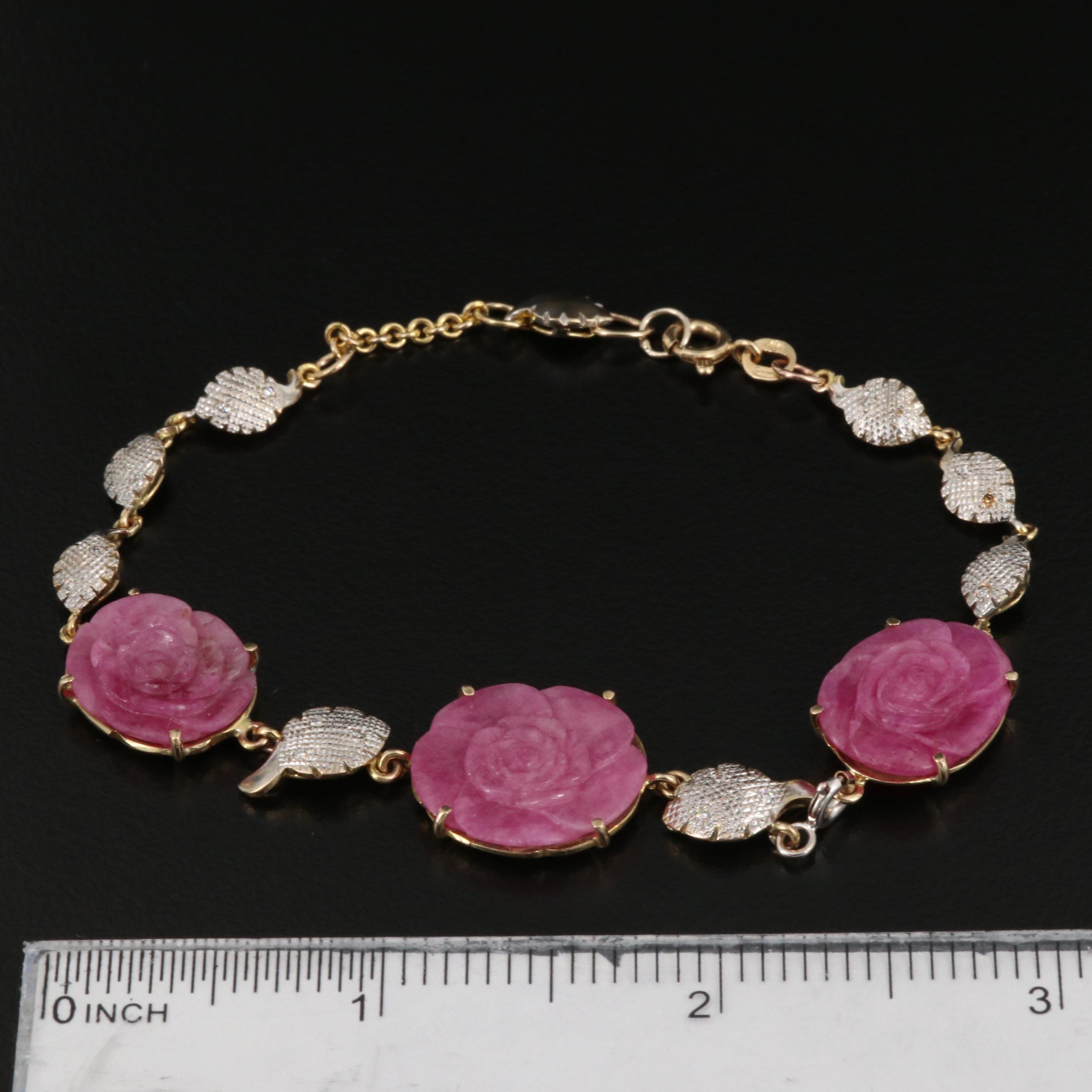 10K Carved Ruby and Diamond Floral Bracelet
