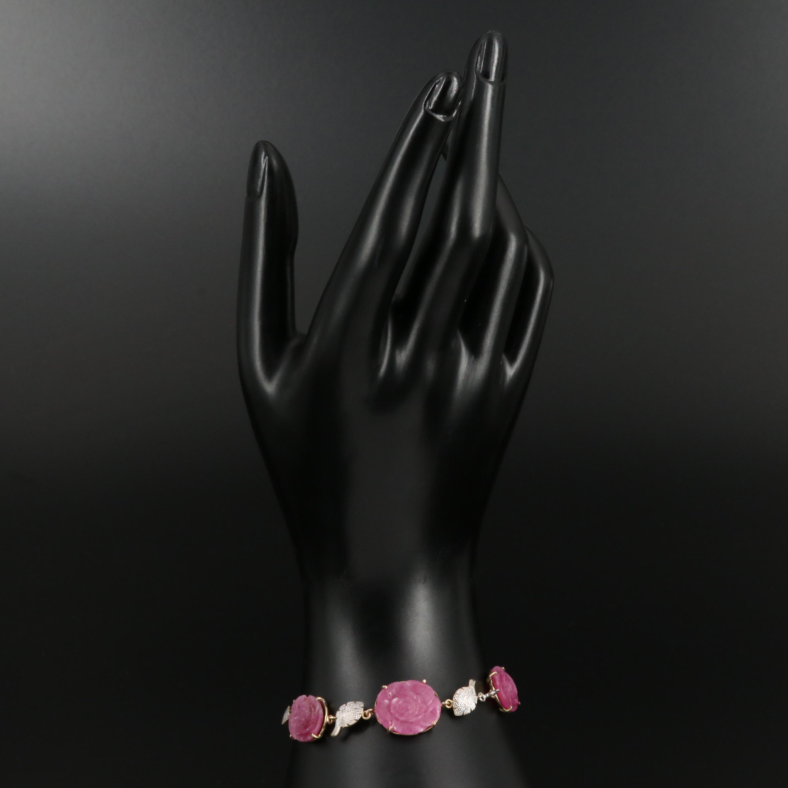 10K Carved Ruby and Diamond Floral Bracelet