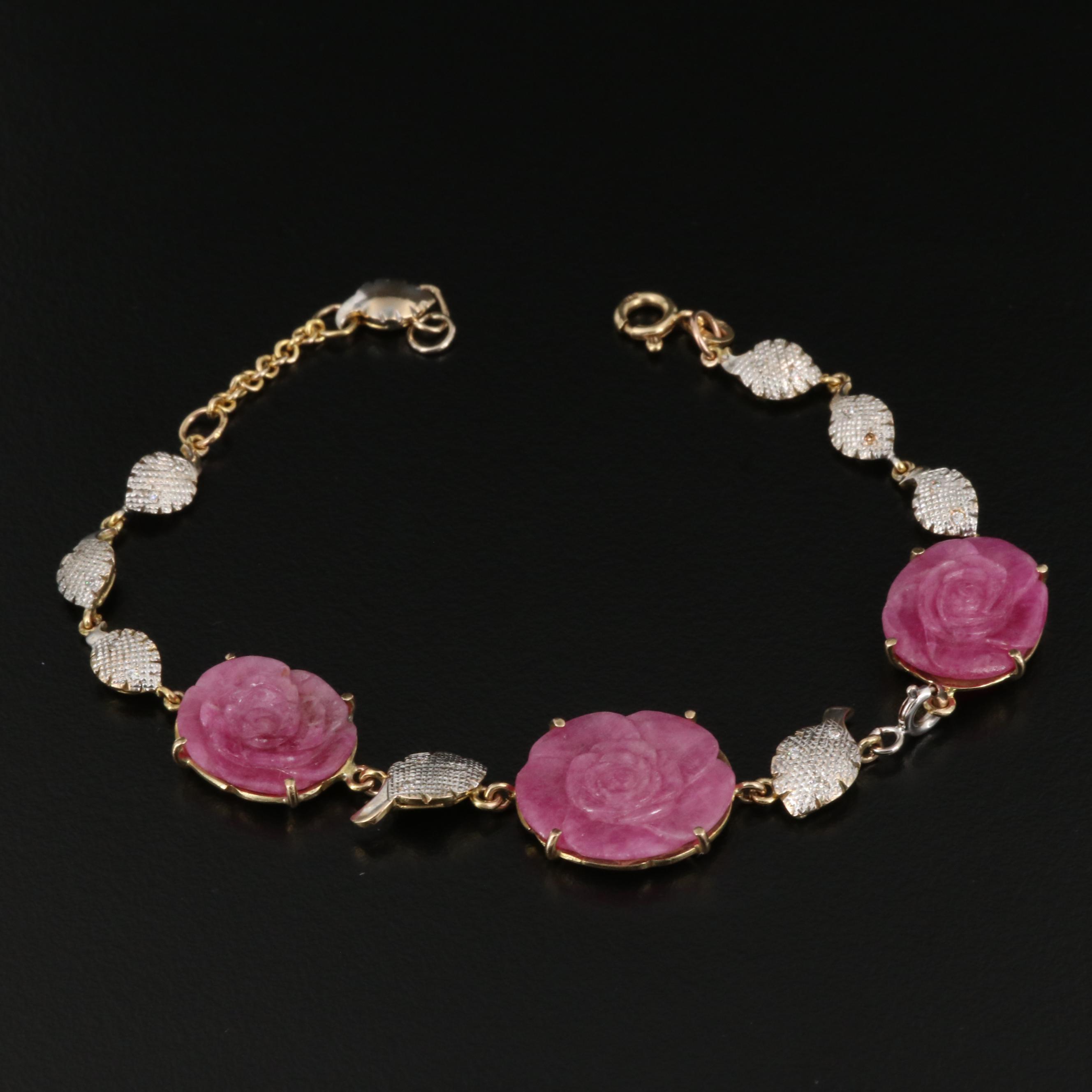 10K Carved Ruby and Diamond Floral Bracelet
