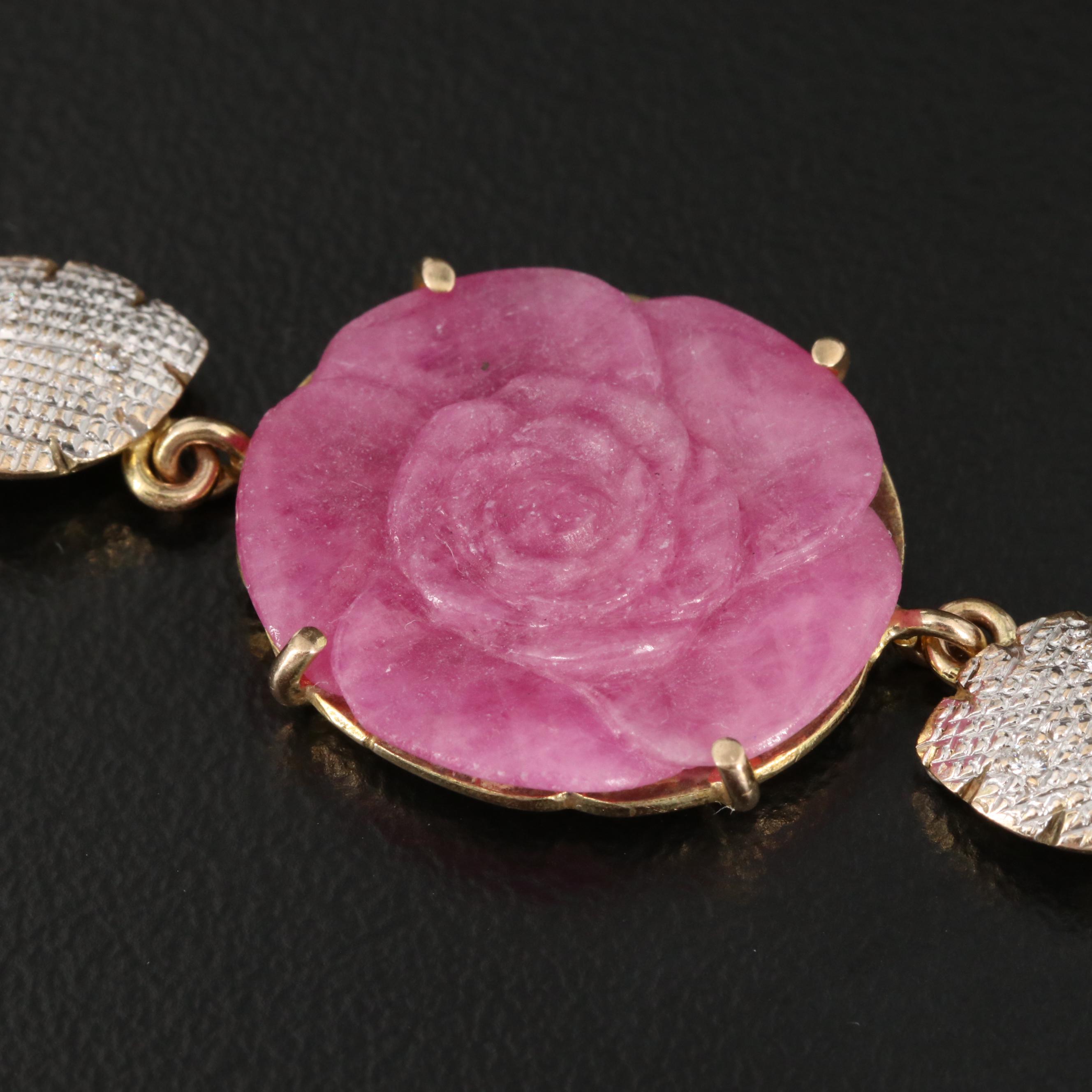 10K Carved Ruby and Diamond Floral Bracelet