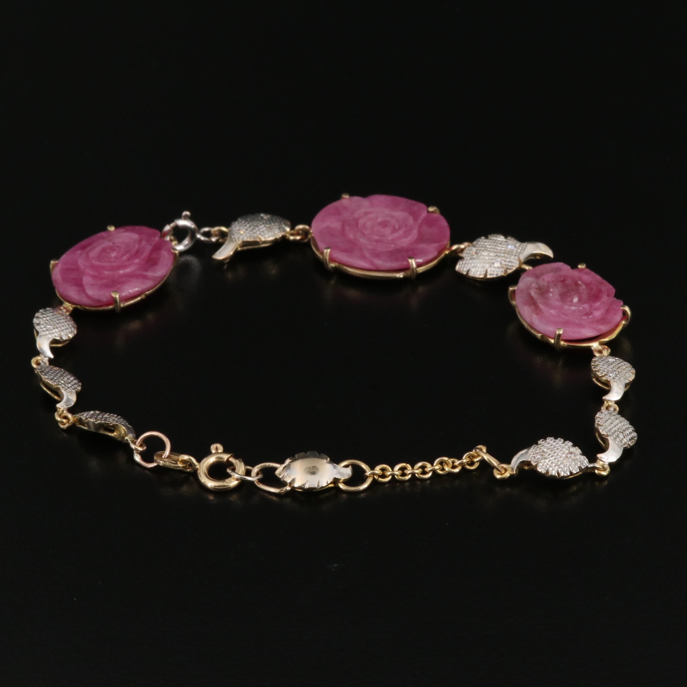 10K Carved Ruby and Diamond Floral Bracelet