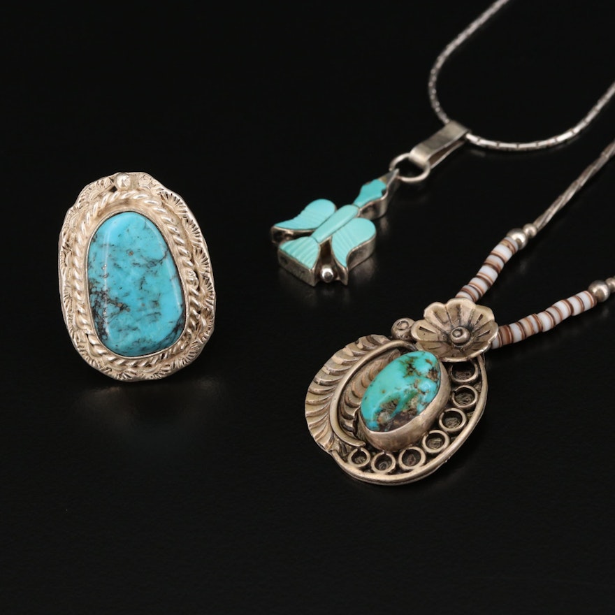 Sterling Silver Turquoise Pendant Necklaces and Ring With Floral and Bird Motifs