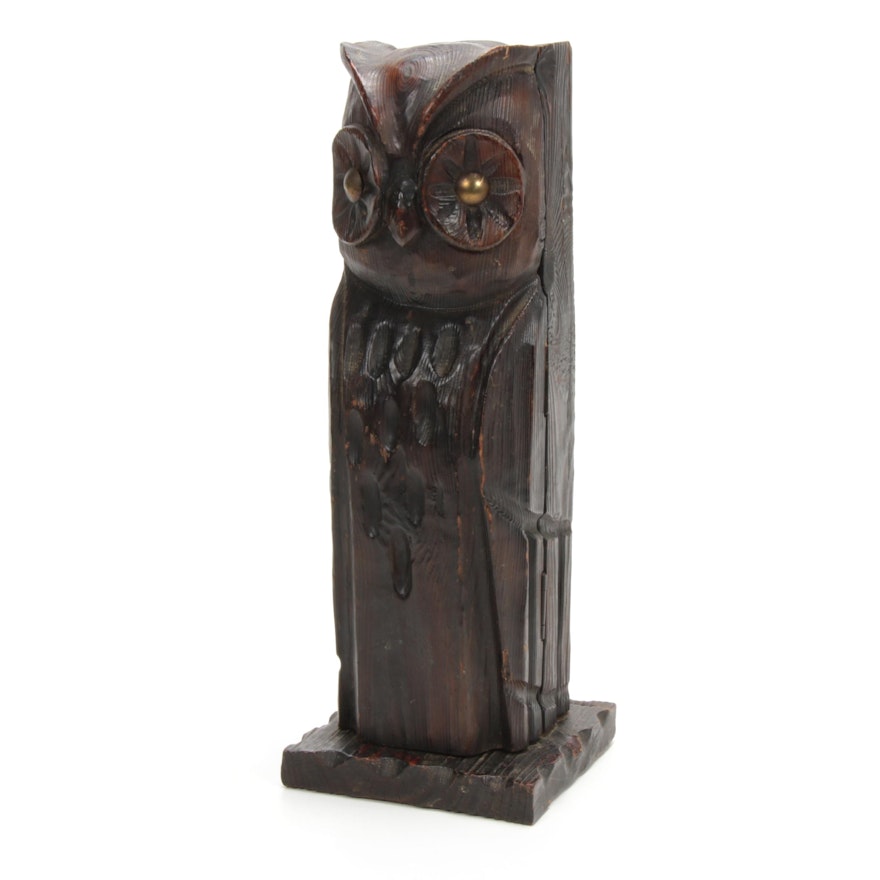 Hand-Carved Owl Liquor Bottle Box, Vintage