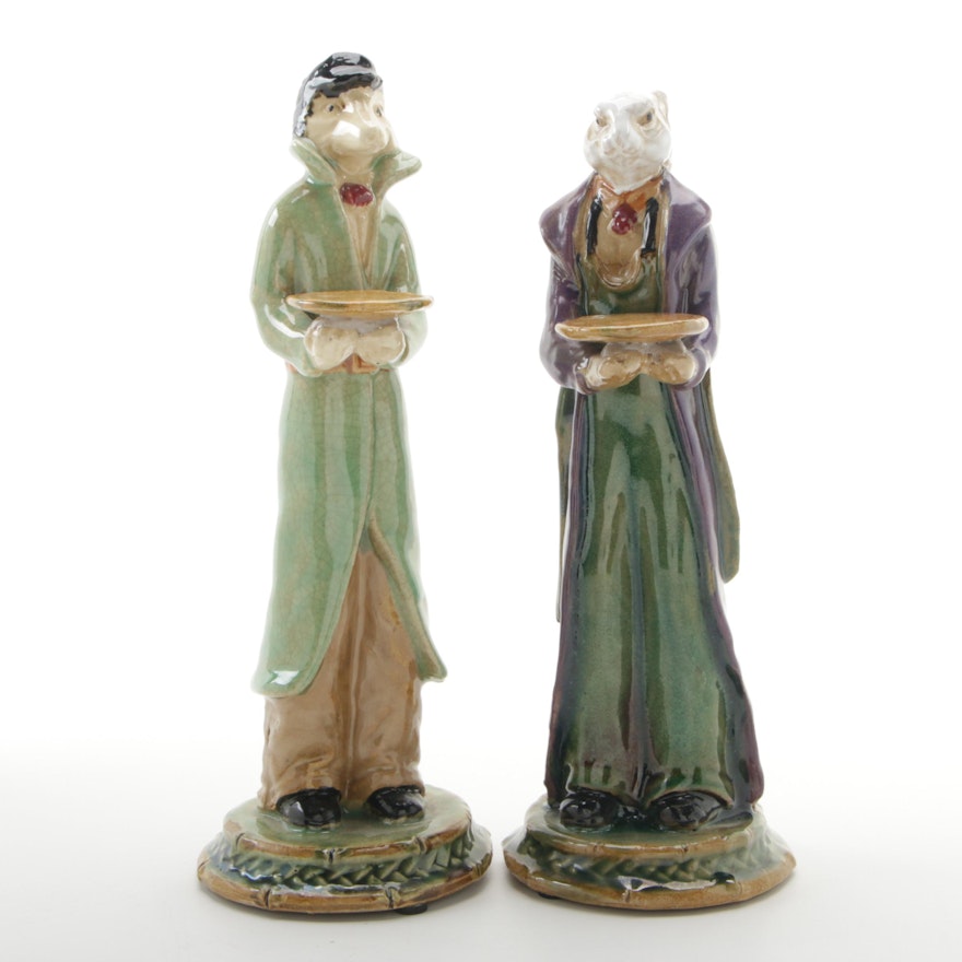 Anthropomorphic Fox and Hare Hand-Painted Ceramic Figurines