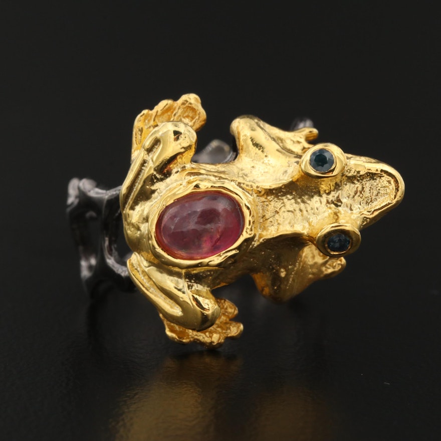 Sterling Ruby and Sapphire Frog Ring