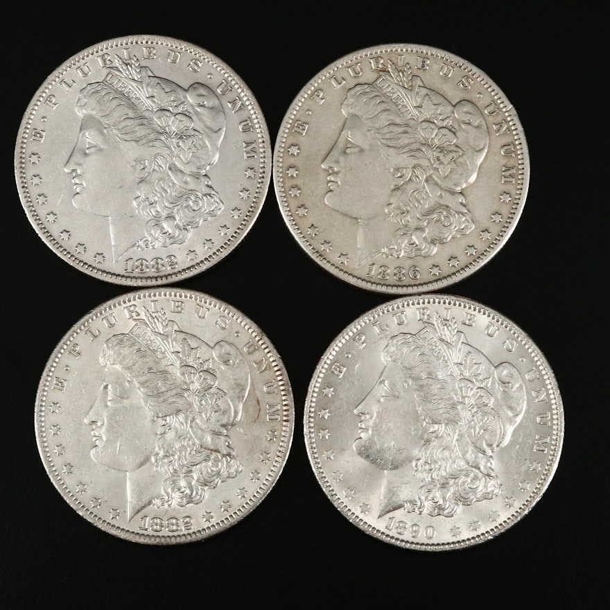 Four Morgan Silver Dollars, 1882 to 1890