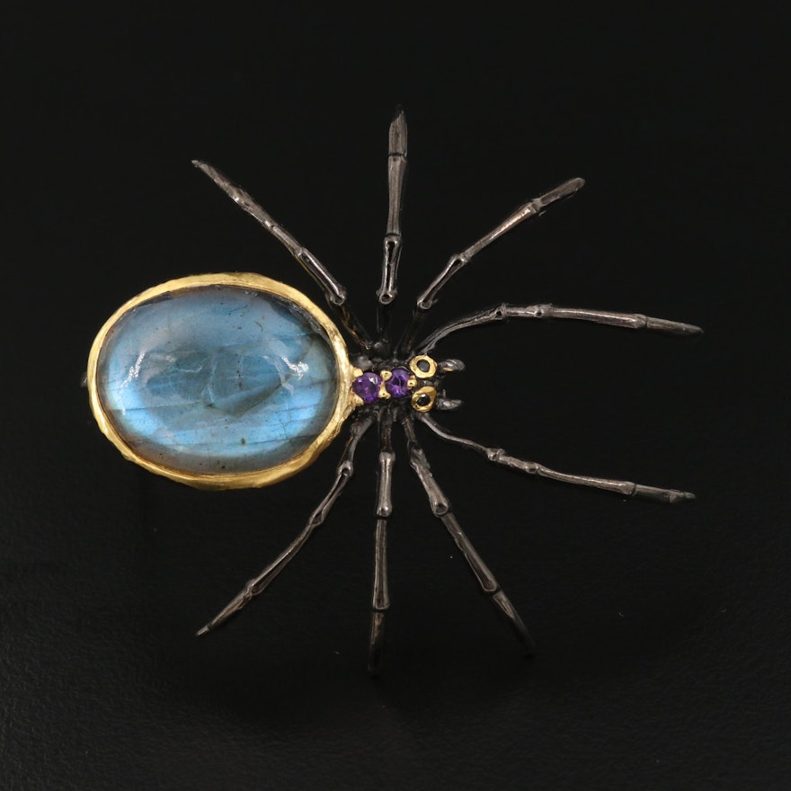 Sterling Spider Brooch with Labradorite, Amethyst and Sapphire