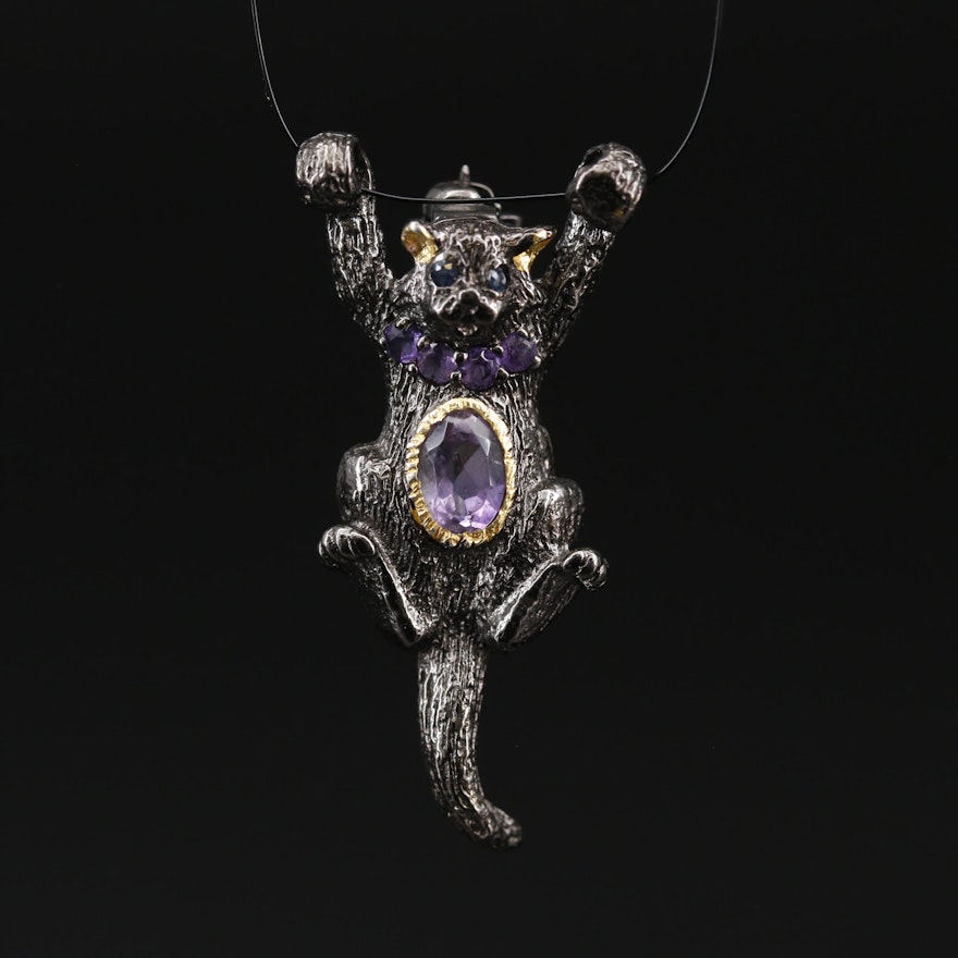 Sterling Silver Amethyst and Sapphire Cat Brooch