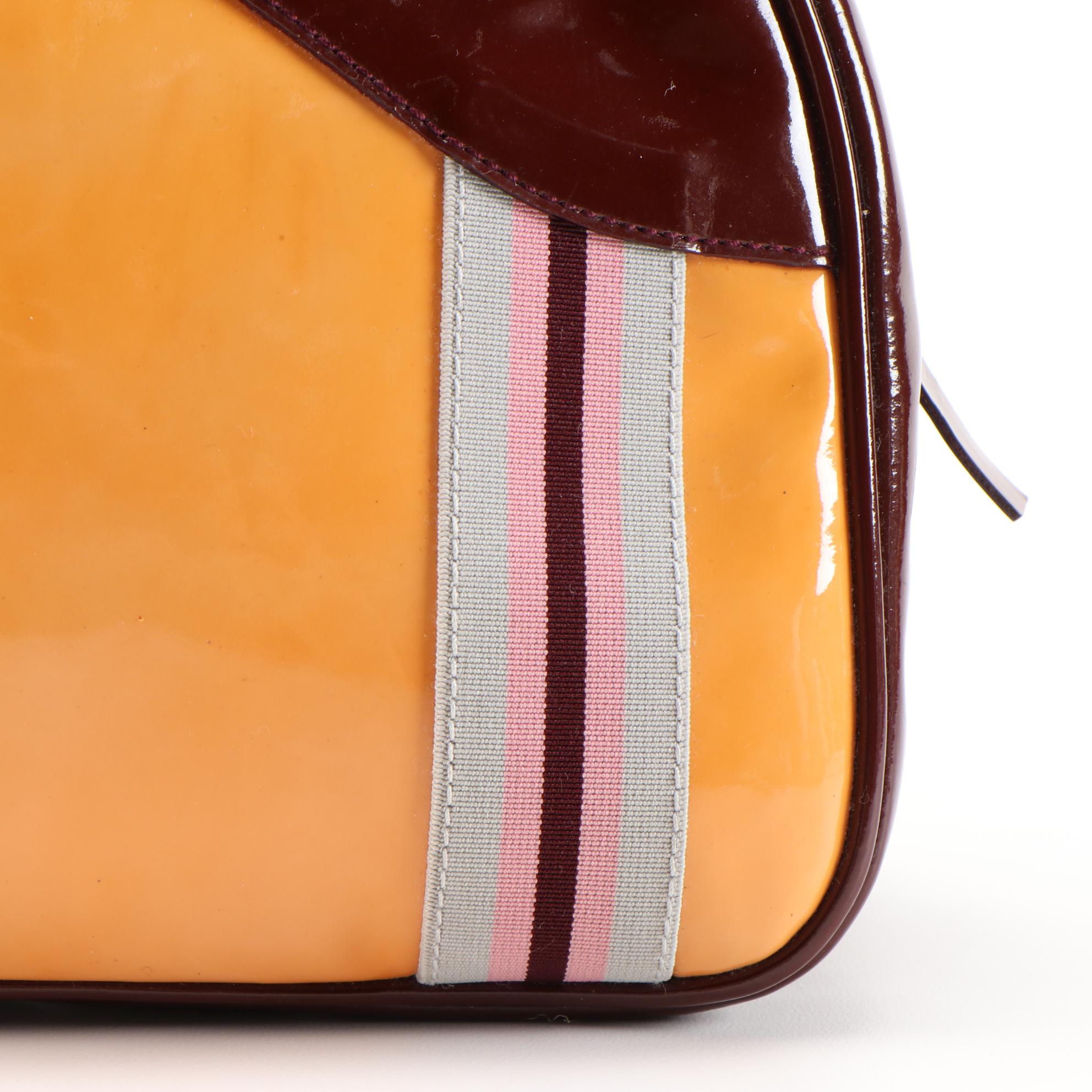 Prada Ribbon Stripe Shoulder Bag in Yellow Orange and Burgundy Patent Leather