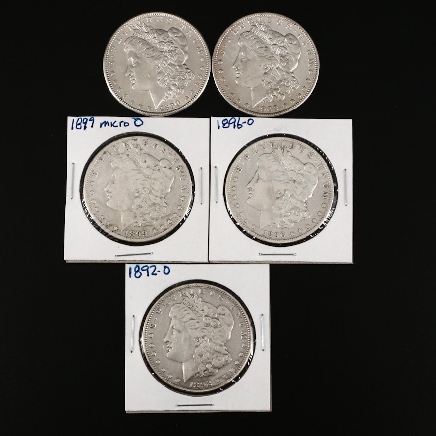 Five Morgan Silver Dollars, 1890 to 1902