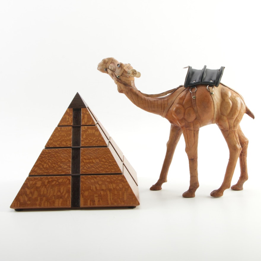 Vermont Woodware Pyramid Jewelry Box and Leather Camel Figure