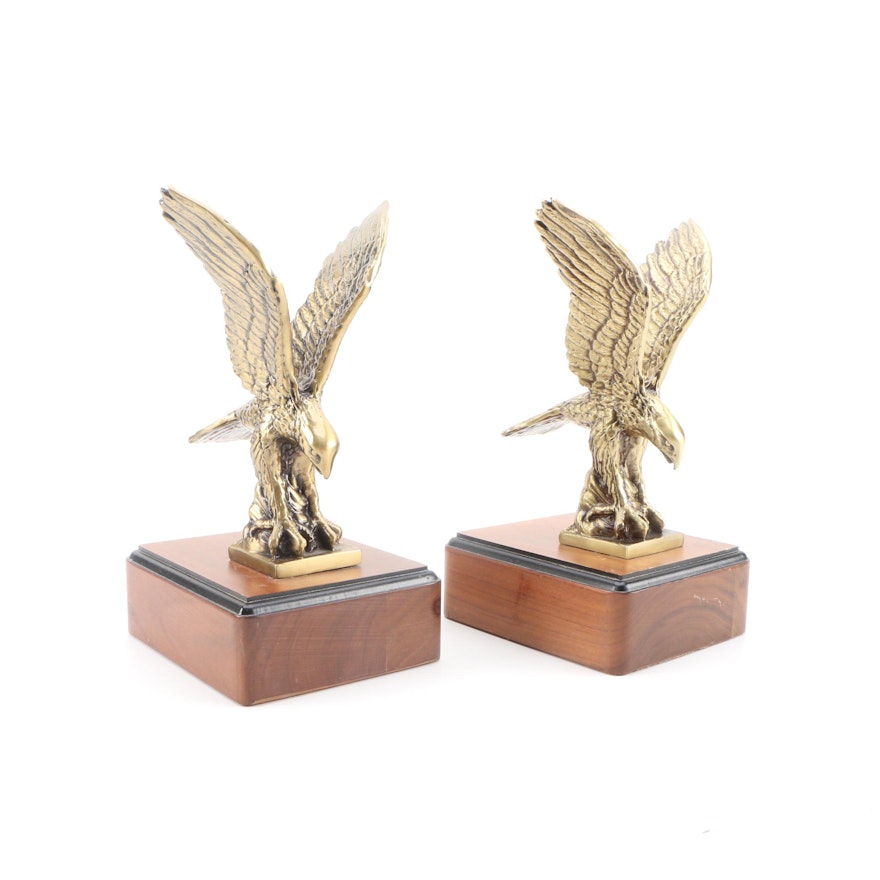 Pair of Cast Metal Eagle Bookends on Wood Bases, Late 20th Century