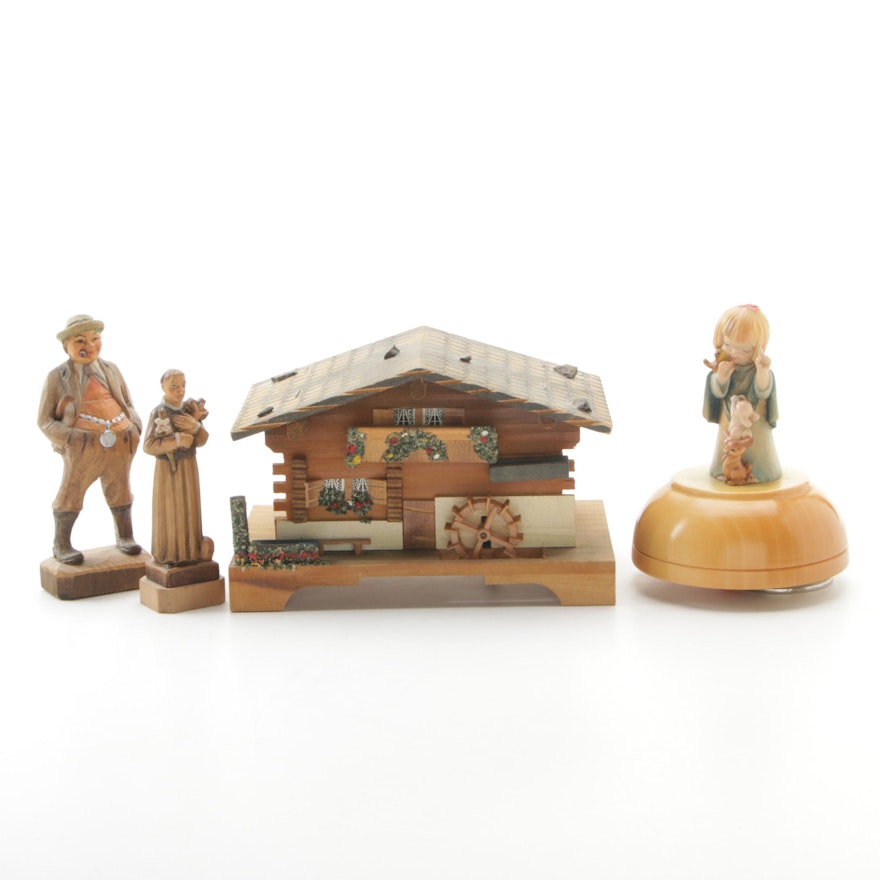 Anri Figural Carved Wood Music Box, Wood Chalet Music Box, and Wood Figures