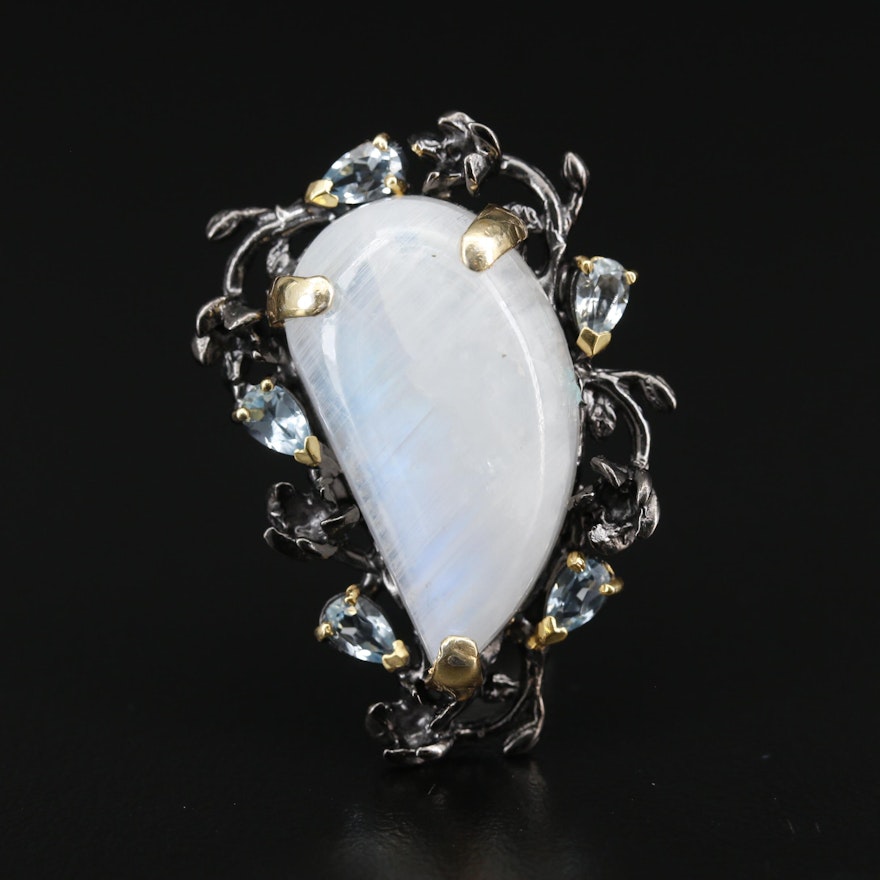 Sterling Silver Moonstone and Topaz Brooch Featuring Floral Motif