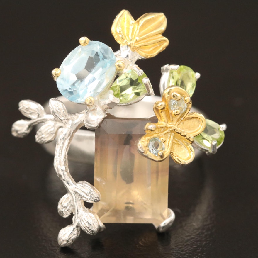 Sterling Citrine, Topaz and Peridot Ring with Butterfly Accents