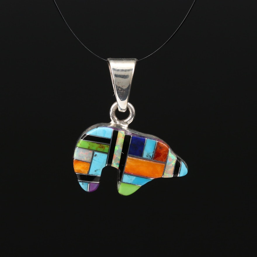 Sterling Silver Spiny Oyster, Turquoise and Faux Opal Inlay Bear Pendant