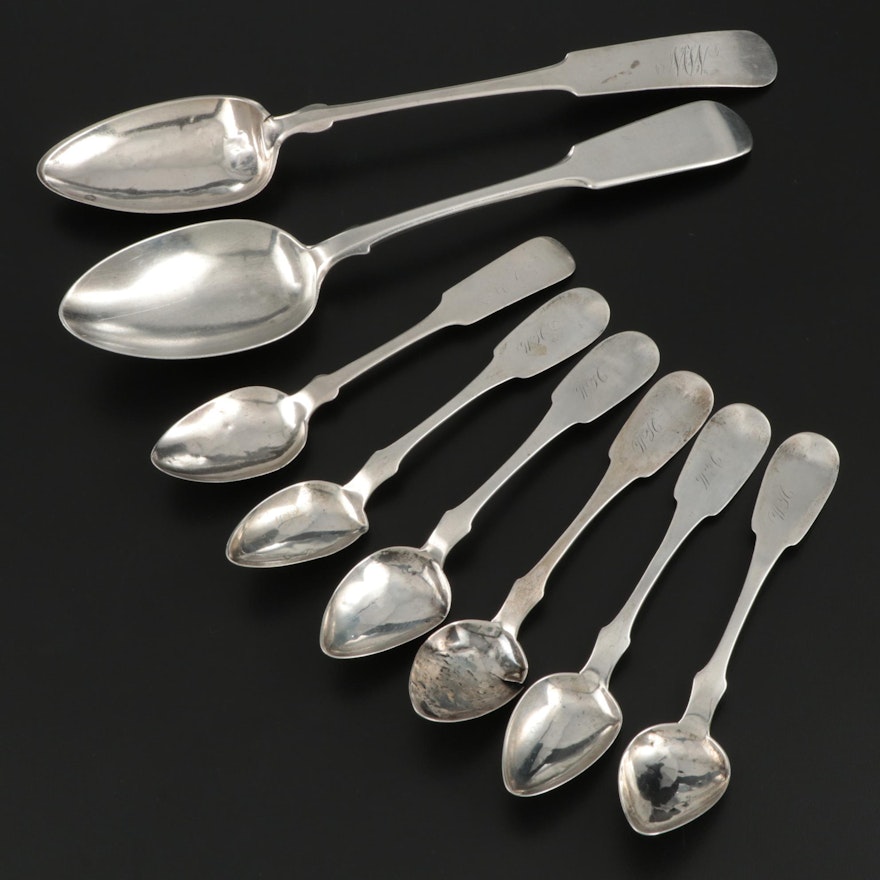 Sterling and Coin Silver Fiddle Handle Serving Spoons with 850 Silver Teaspoons