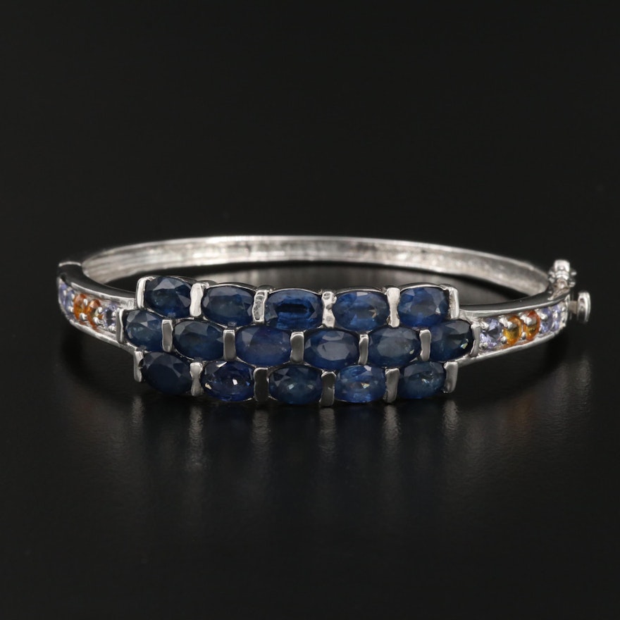 Sterling Sapphire and Multi-Color Sapphire Hinged Bangle Bracelet