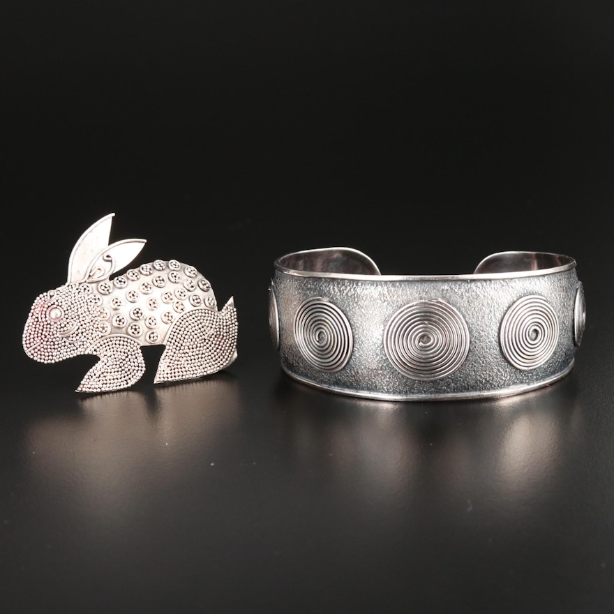 Sterling Silver Cuff Bracelet and Rabbit Brooch