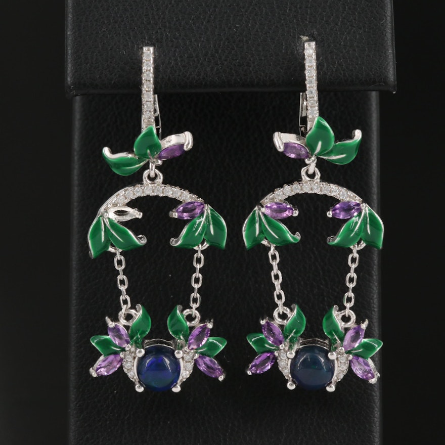 Sterling Floral Earrings with Opal, Amethyst and Enamel