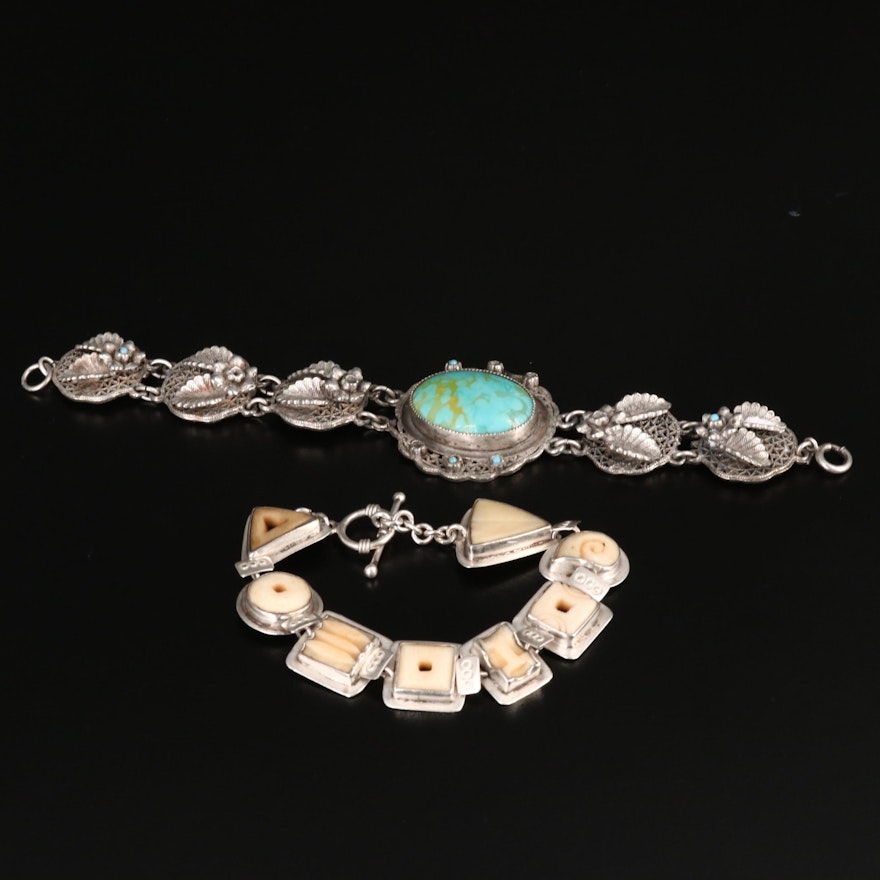 Sterling Silver Carved Bone and Faux Turquoise Bracelet