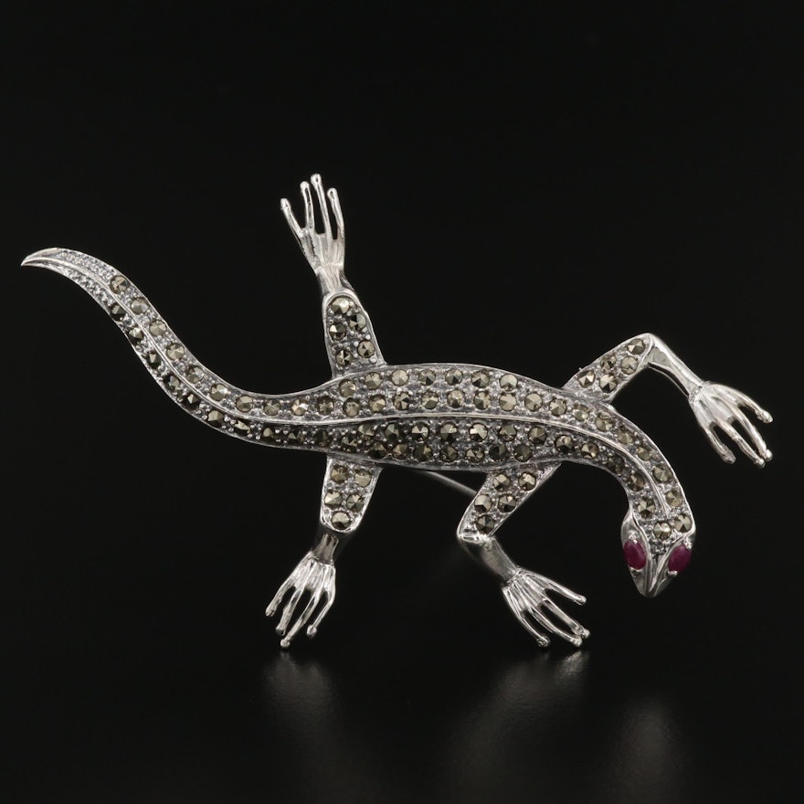 Sterling Ruby and Marcasite Lizard Brooch