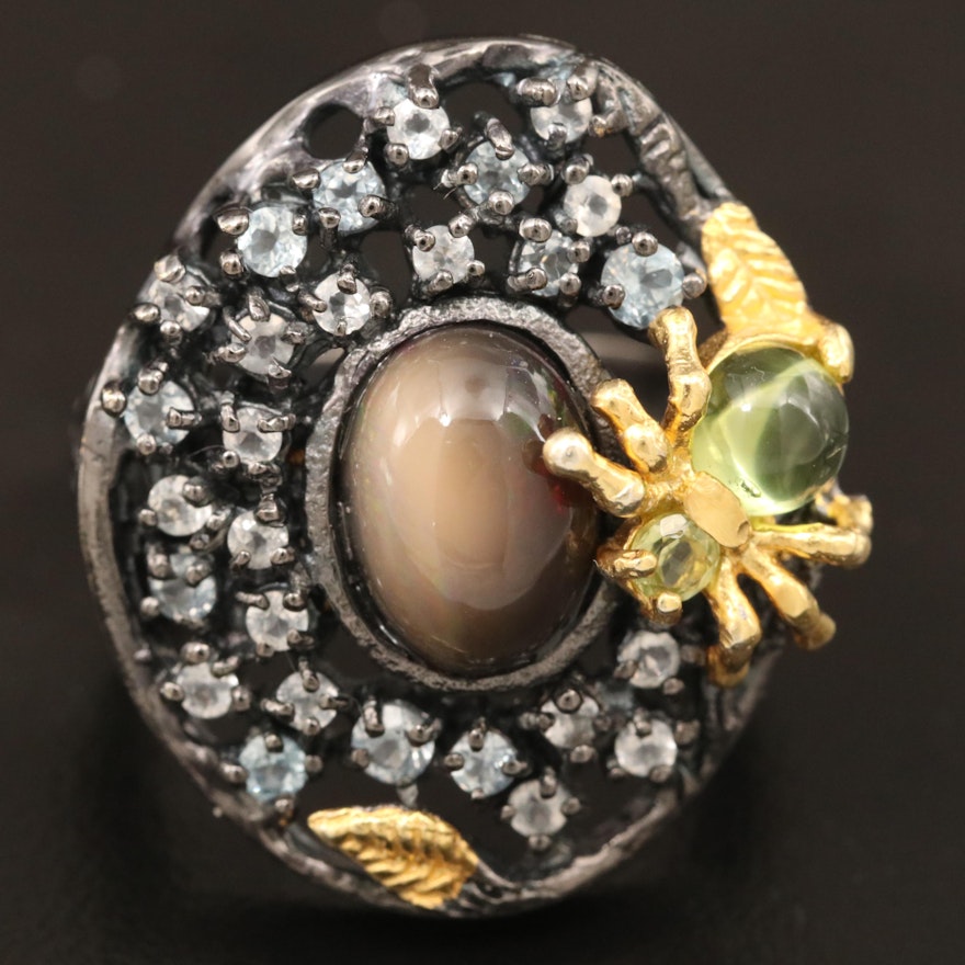 Sterling Silver Opal and Gemstone Ring Featuring Spider Design