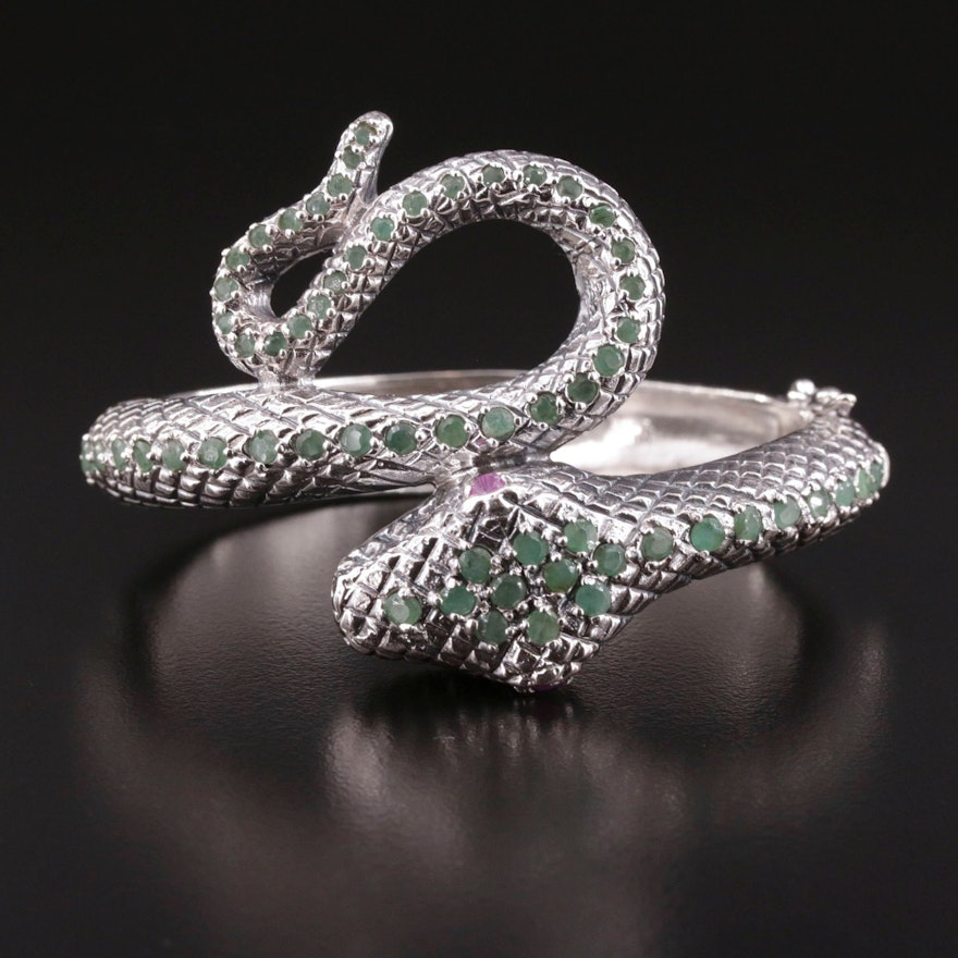 Sterling Silver, Emerald and Ruby Hinged Coiled Snake Bracelet