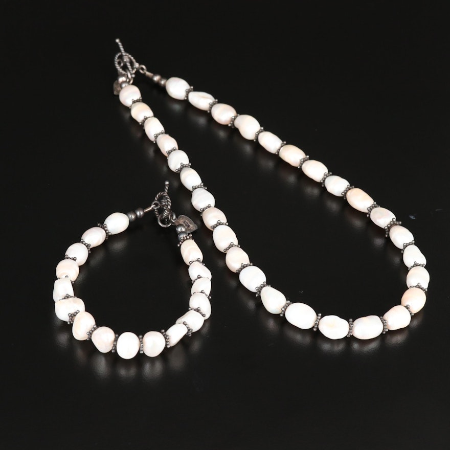 Sterling Silver and Cultured Pearl Necklace and Bracelet Set