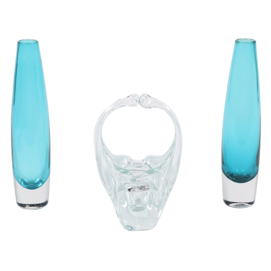 Murano Blown Glass Basket With Cased Glass Bud Vases, Mid-20th Century