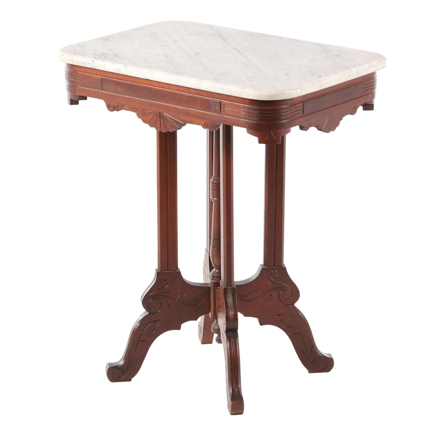 Victorian, Eastlake Style Mahogany Marble Top Center Table, Late 19th Century