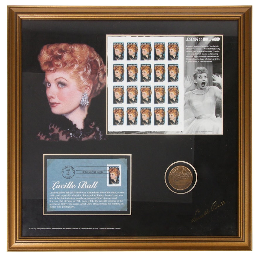 Framed Lucille Ball First Day of Issue Mint Postage Stamp Panel and Postal Cover