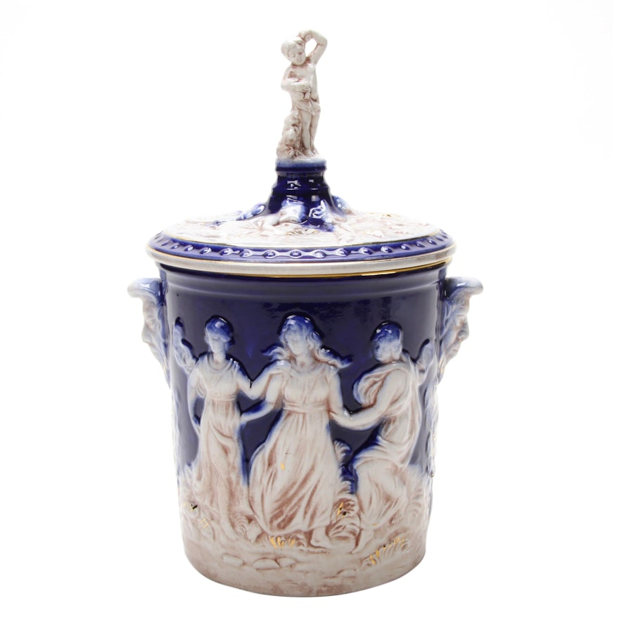 Neoclassical Style Flow Blue Earthenware Lidded Jar, Vintage