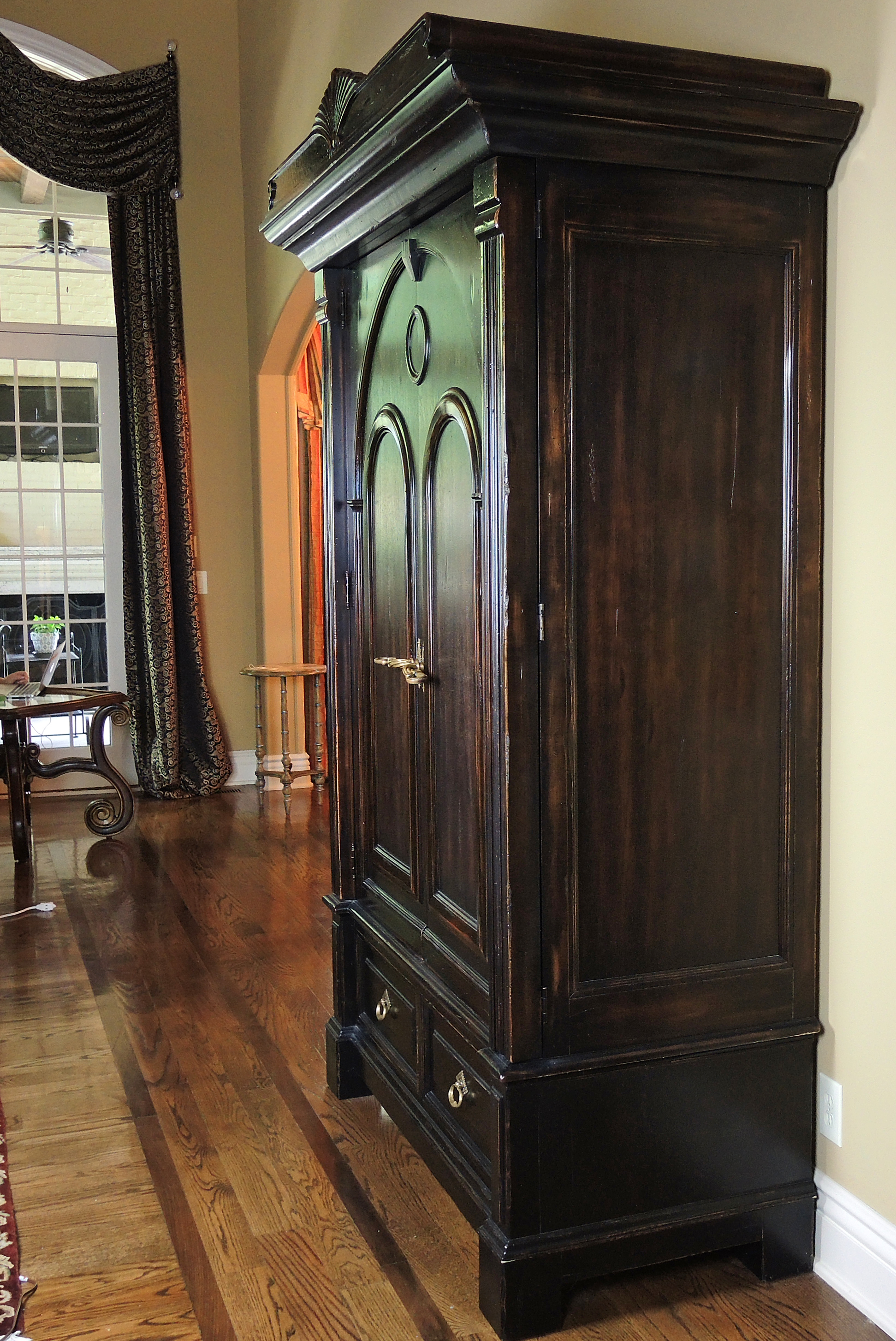 Hickory White Italianate Style Distressed Armoire Cabinet