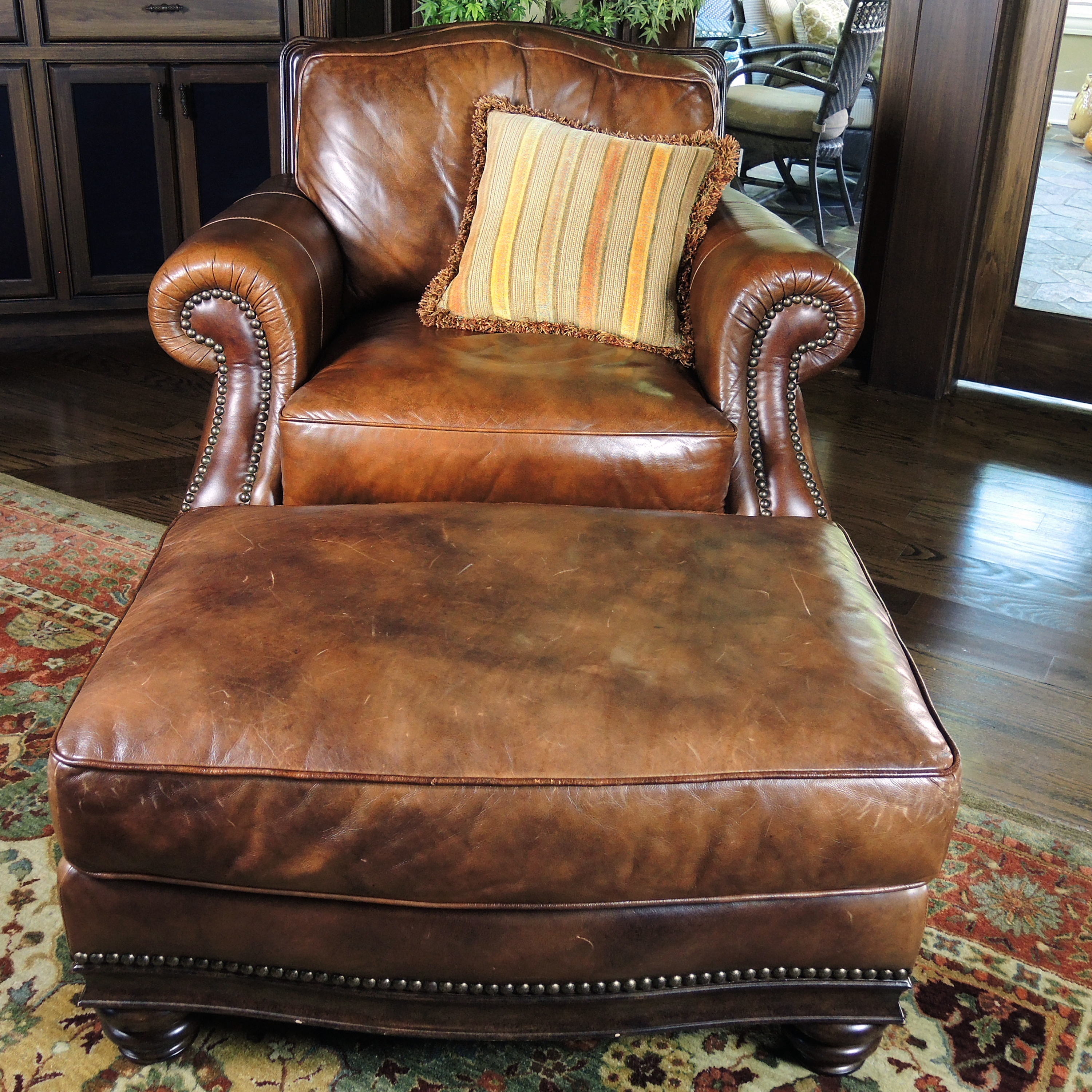 Henredon Nailhead Trimmed Leather Lounge Chair and Ottoman