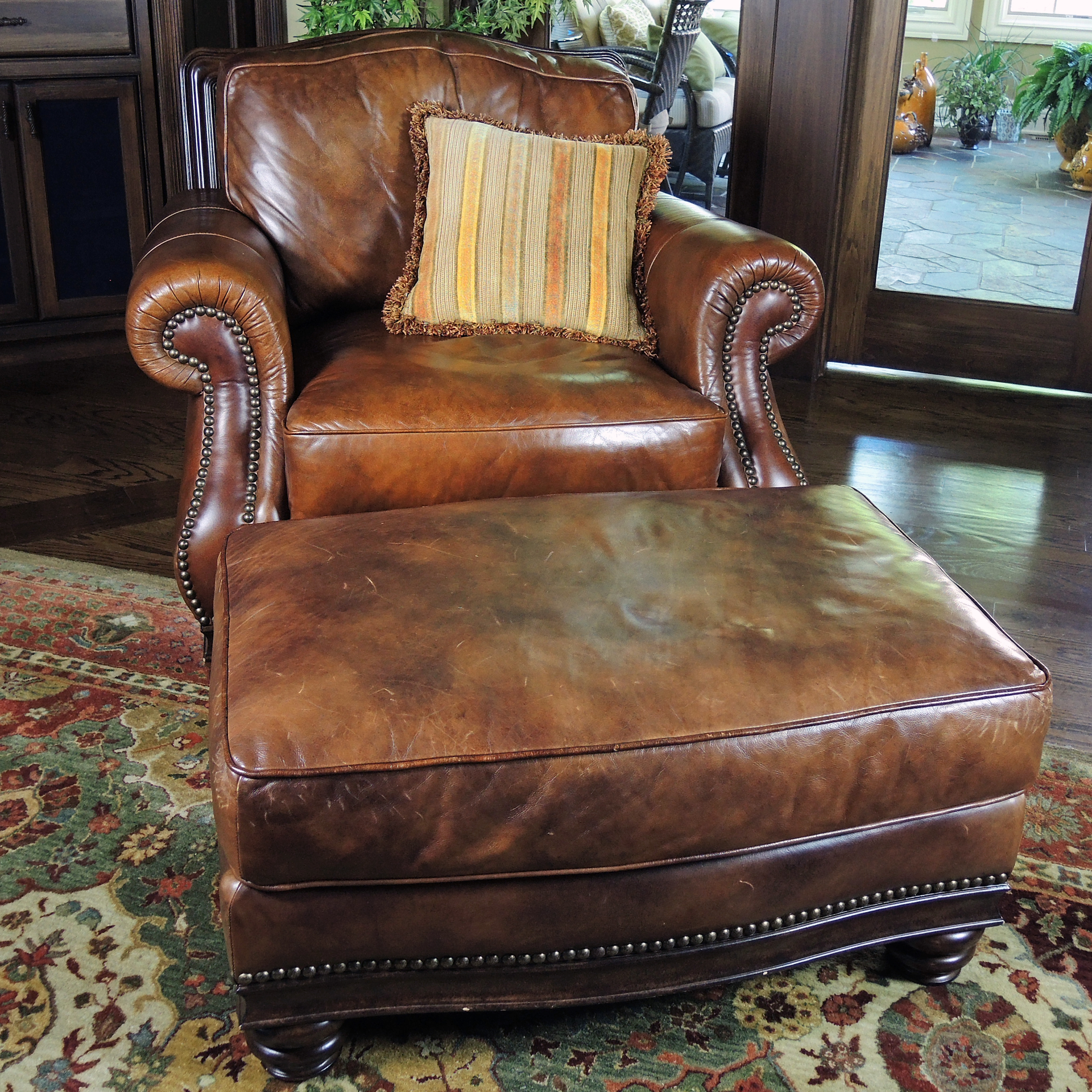 Henredon Nailhead Trimmed Leather Lounge Chair and Ottoman