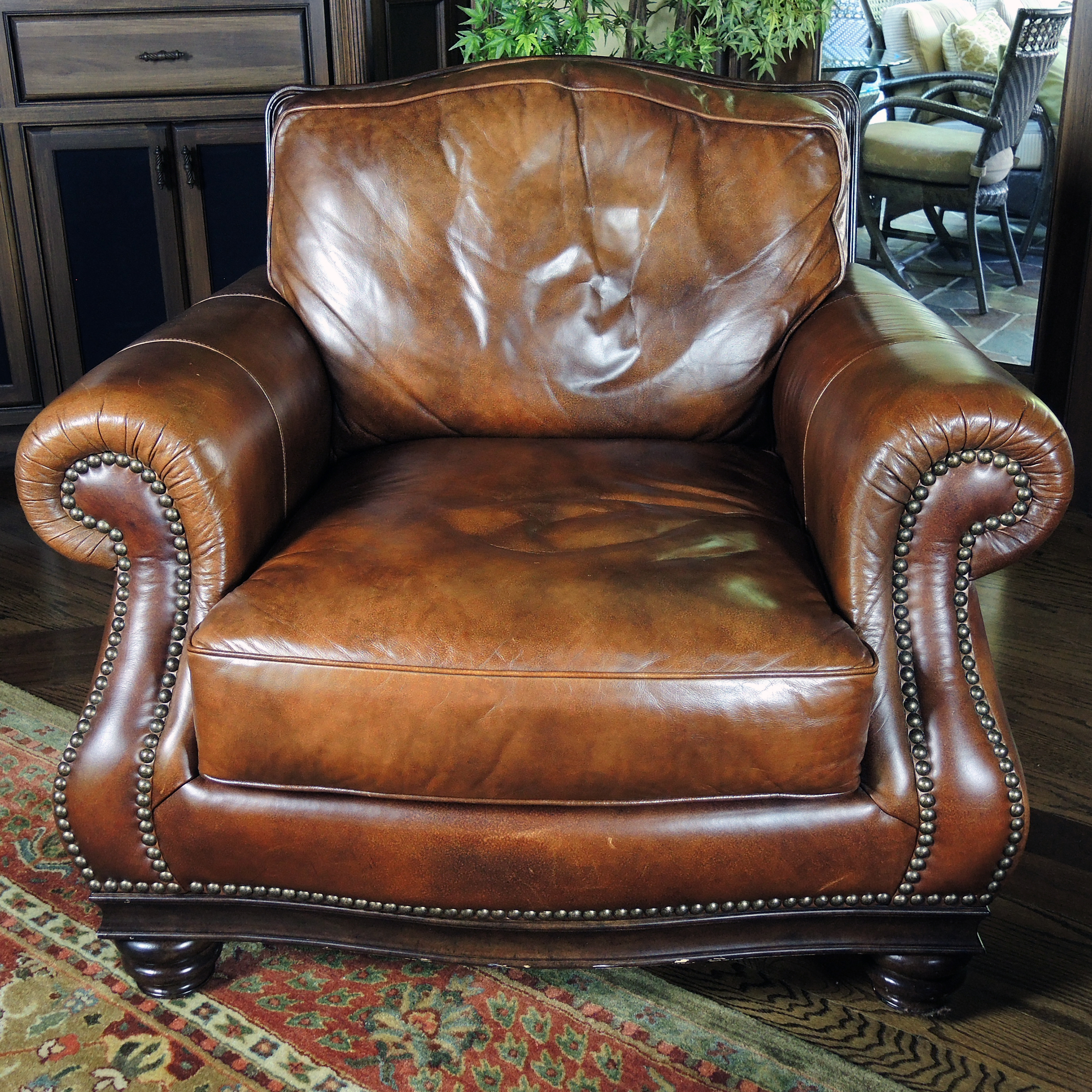 Henredon Nailhead Trimmed Leather Lounge Chair and Ottoman