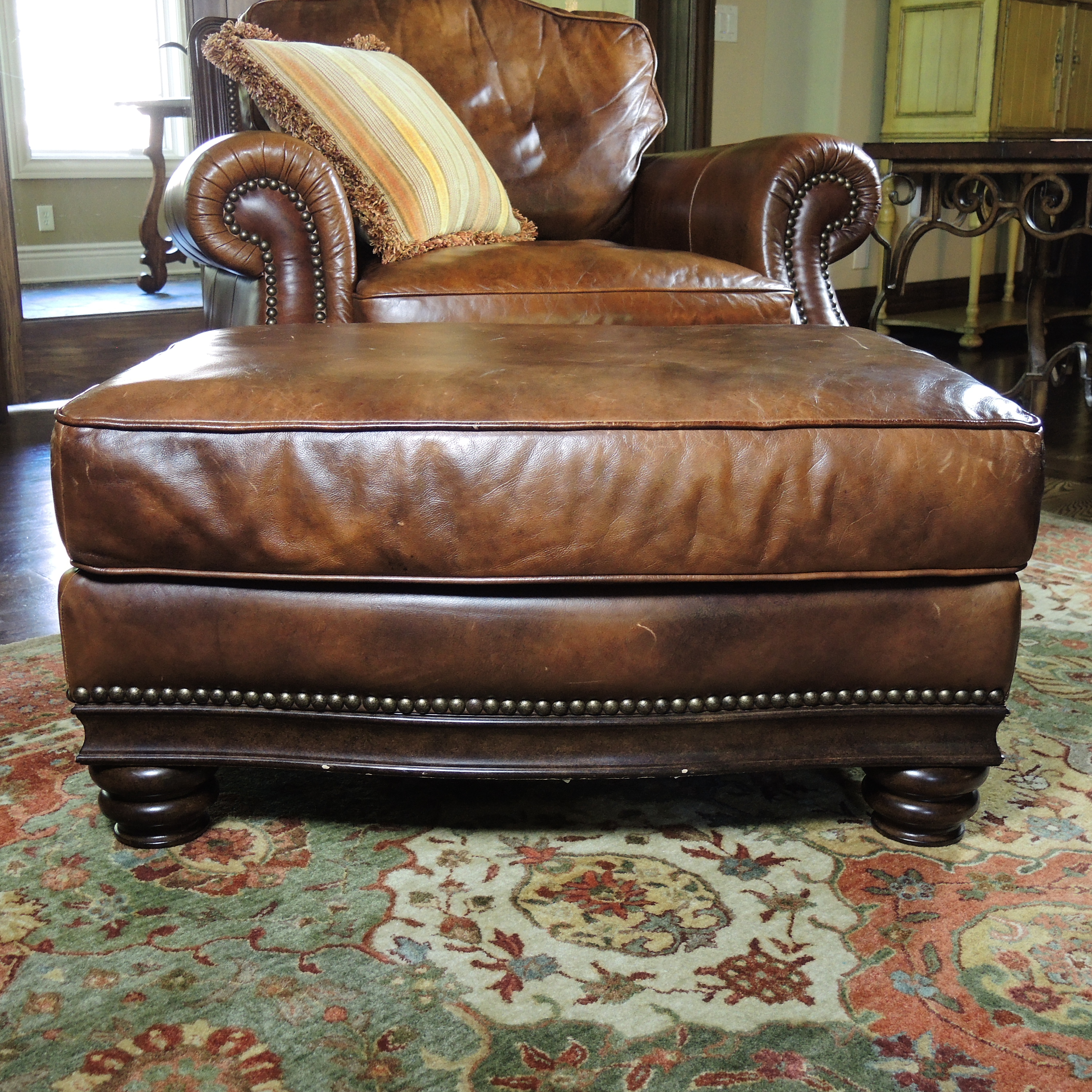 Henredon Nailhead Trimmed Leather Lounge Chair and Ottoman